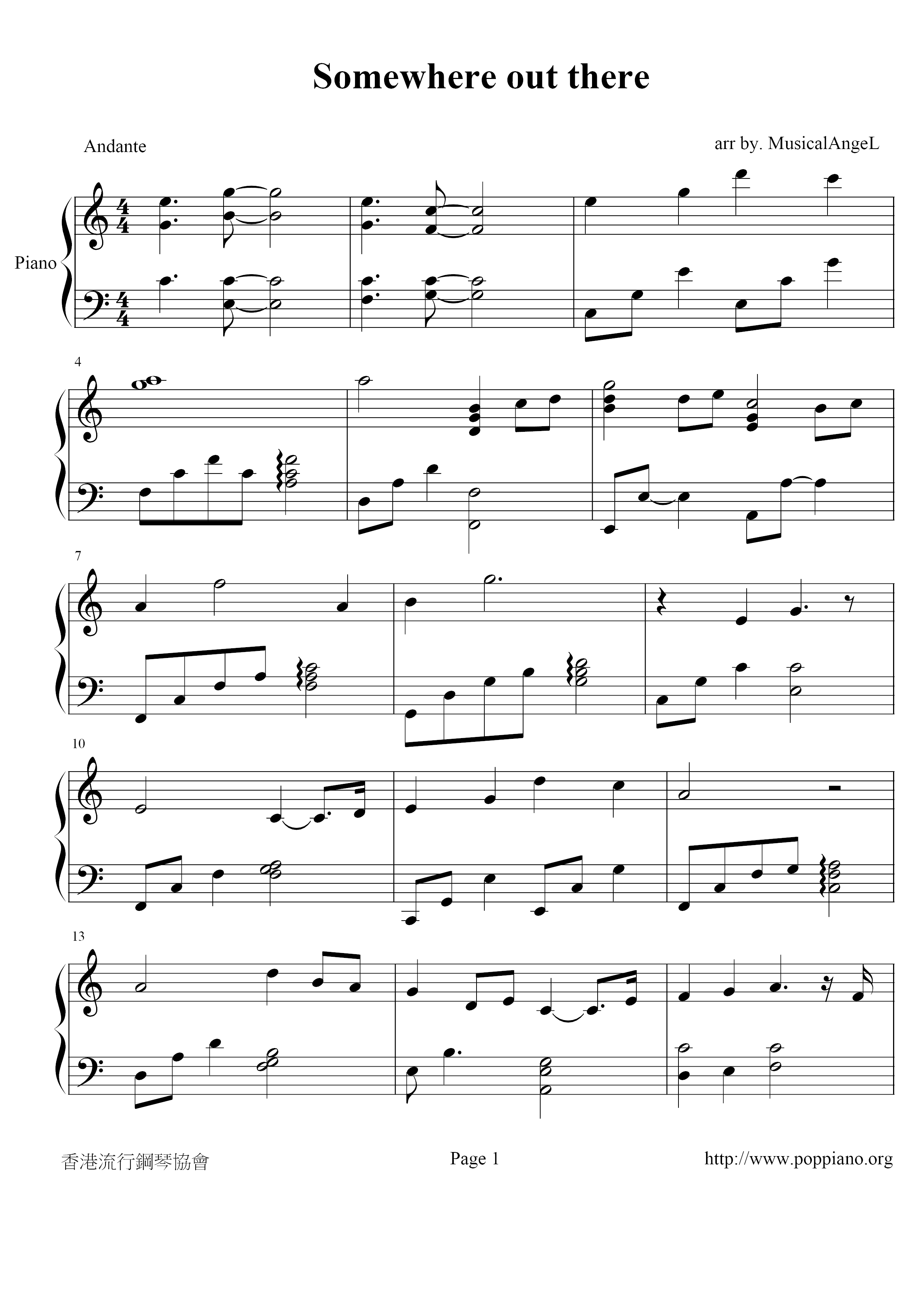 Somewhere Out There - From An American Tail Score