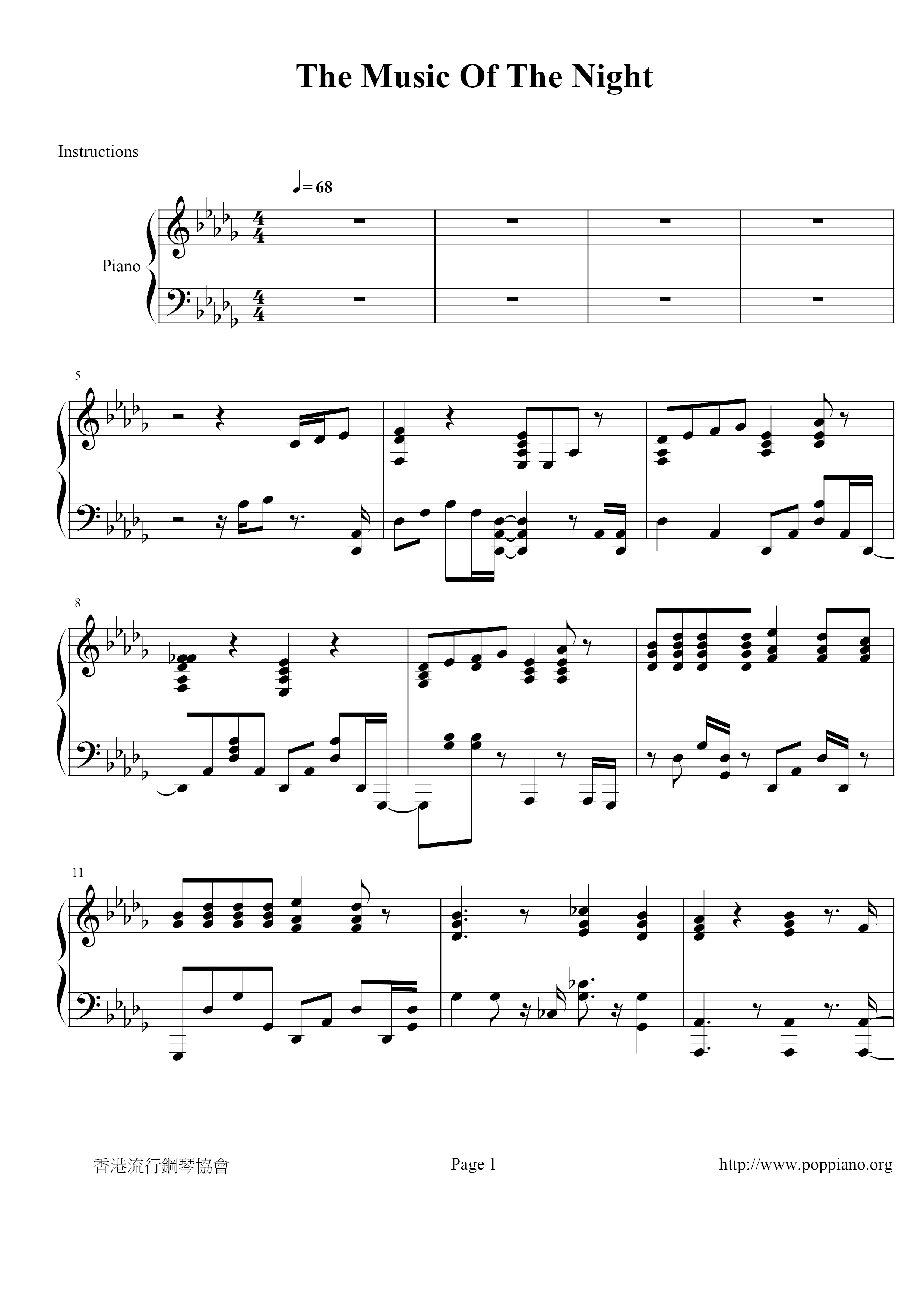 The Phantom Of The Opera-Music Of The Night Score