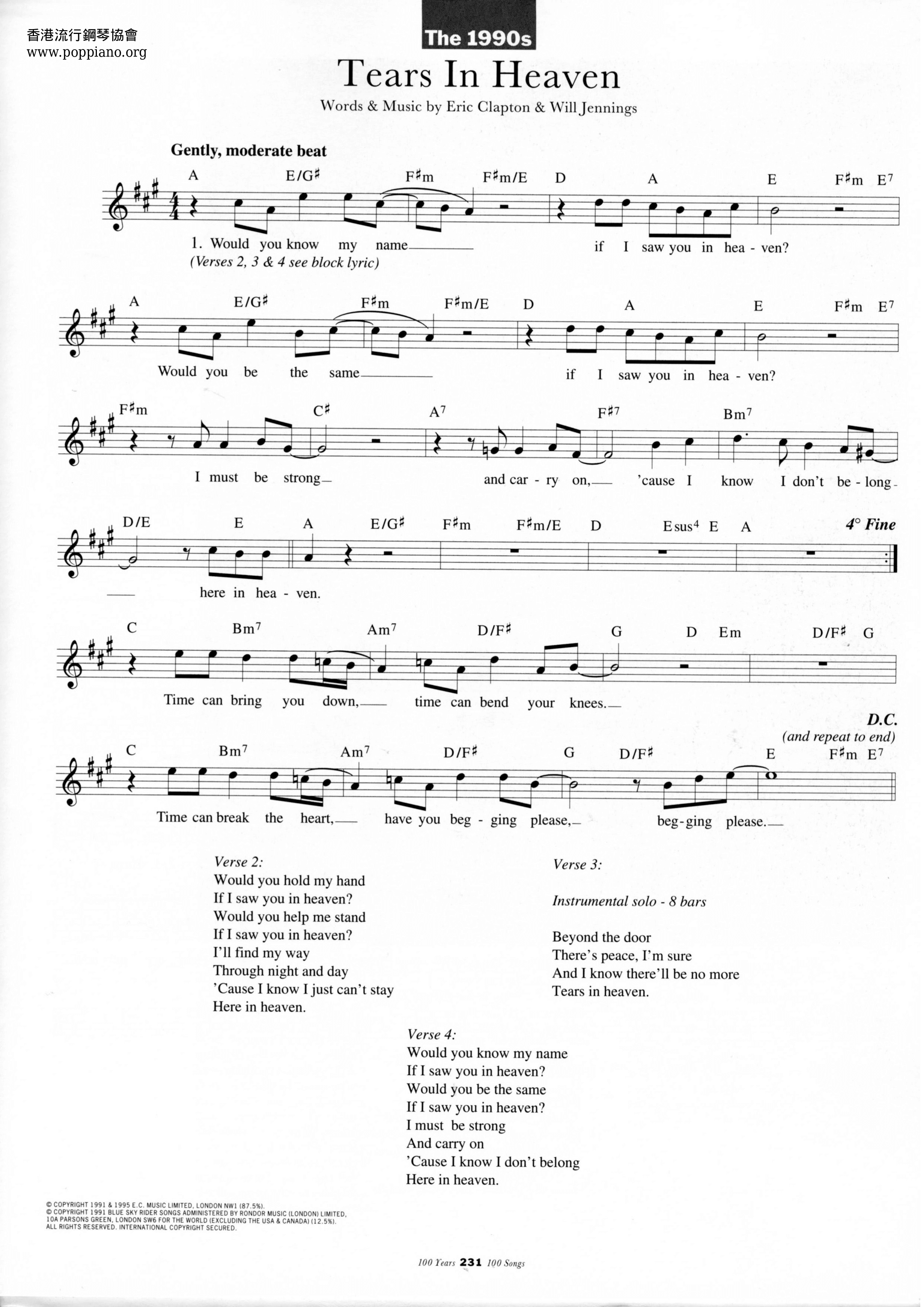 Tears In Heaven Score