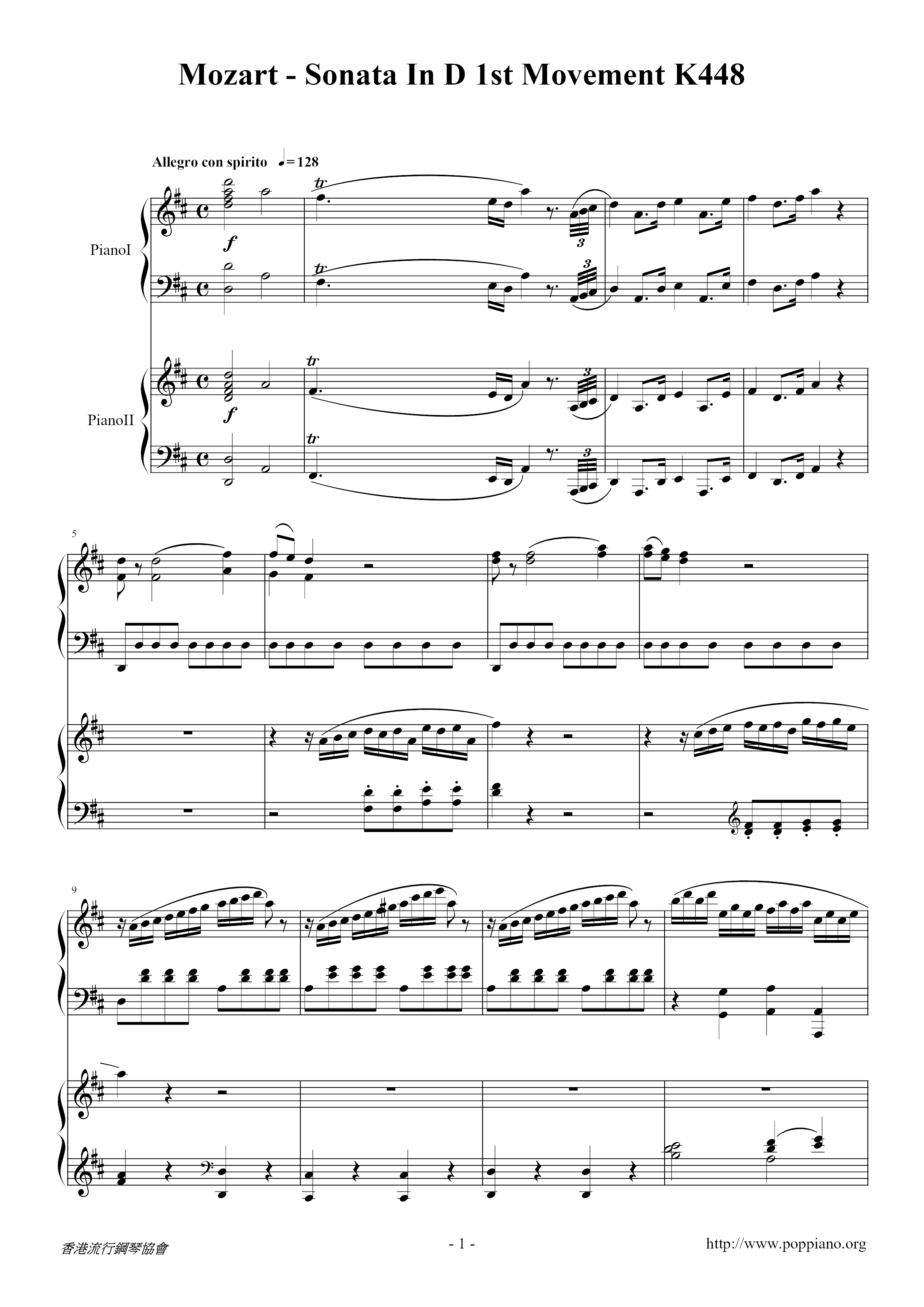 Sonata in D 1st Movement K448琴谱