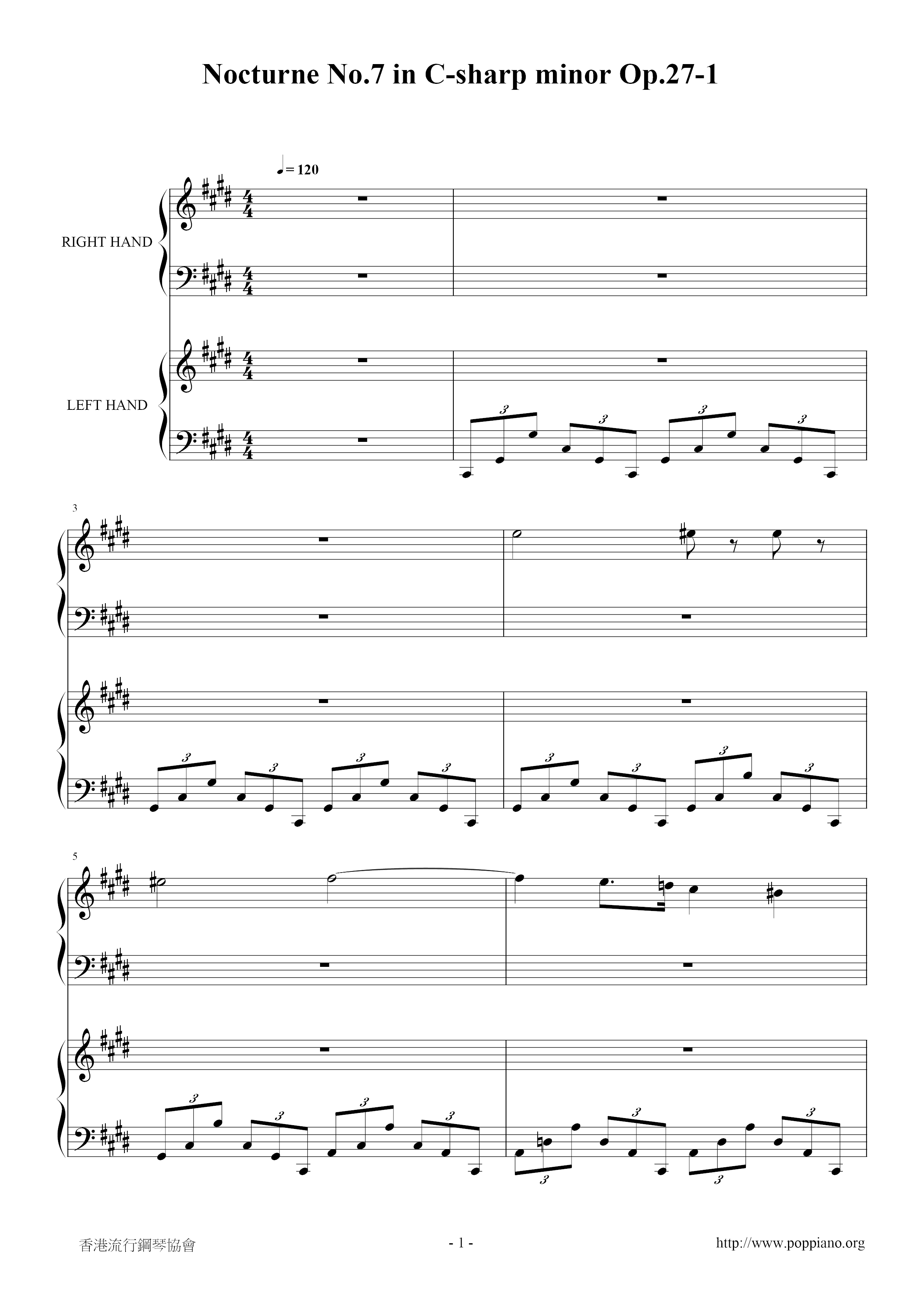 Nocturne No. 07, Op. 27-1 in C# Minorピアノ譜