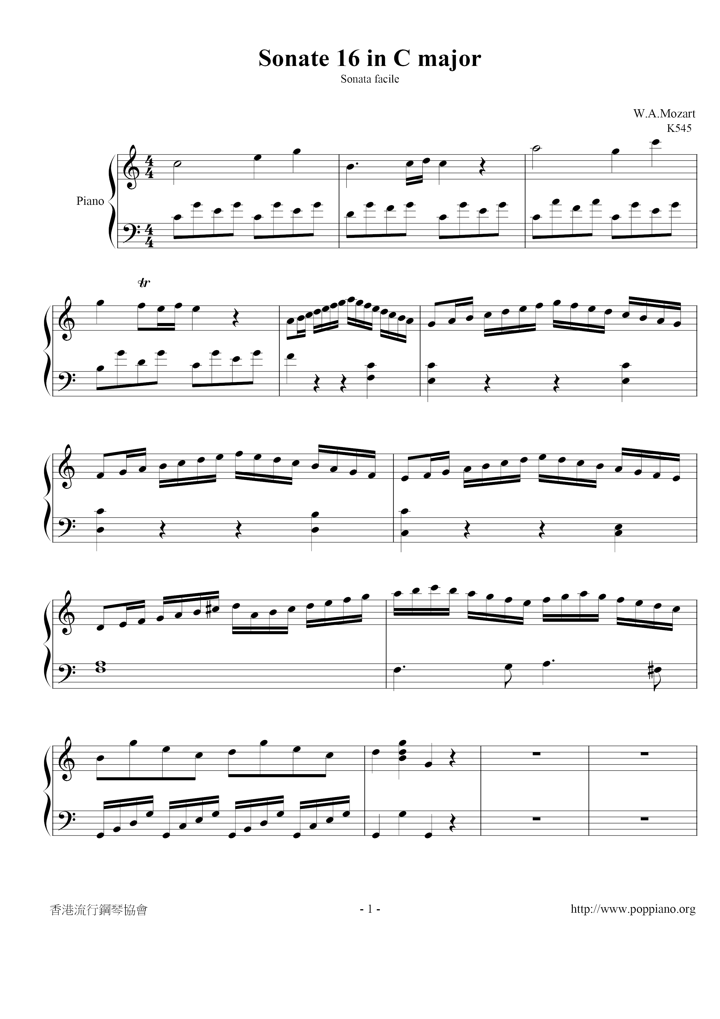 Piano Sonata No. 16 K. 545 1st Movt Score