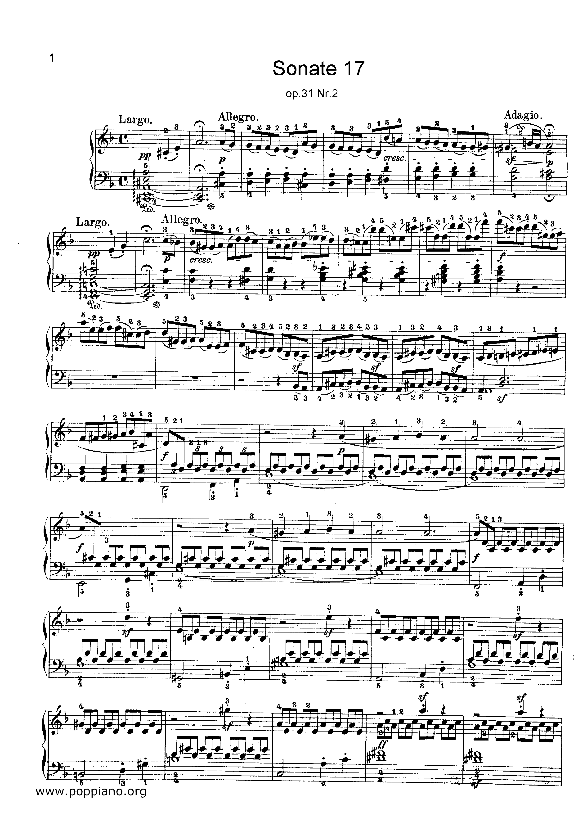 Sonata No. 17, Op. 31 Movt 2 Tempest Score