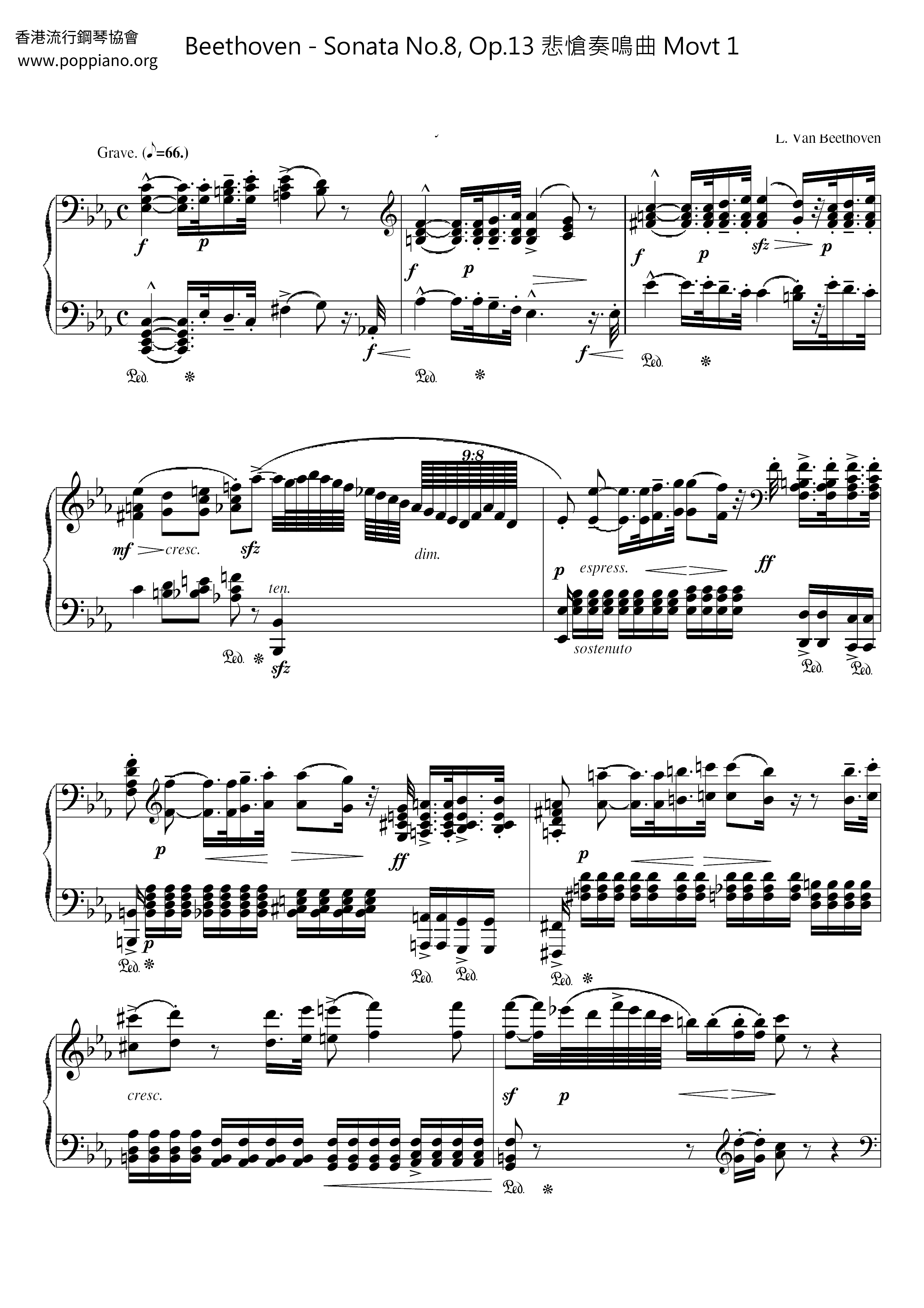 Sonata No. 8, Op. 13 悲愴奏鳴曲 Movt 1琴譜