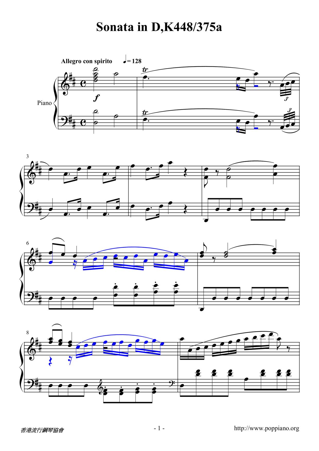 Sonata in D 1st Movement K448 Score