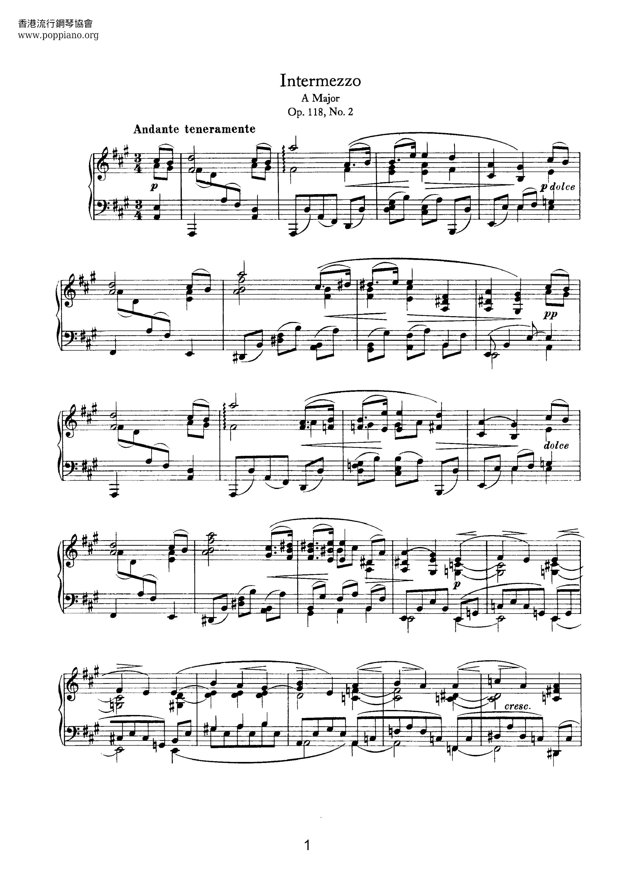 Sechs Klavierstücke, Op. 118: II. Intermezzo in A Major琴譜