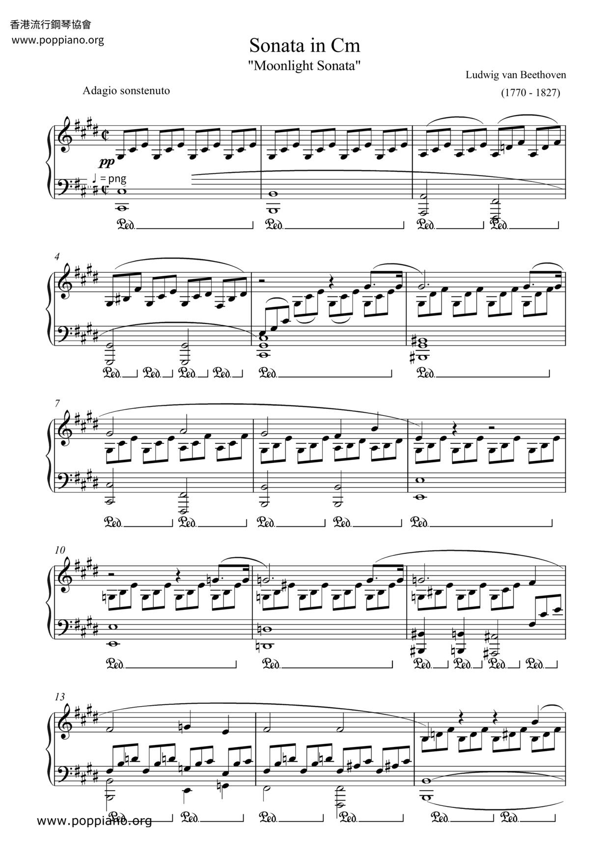 Sonata No. 14 Moonlight in C-Sharp Minor, Op. 27 No. 2: I. Adagio sostenuto琴譜