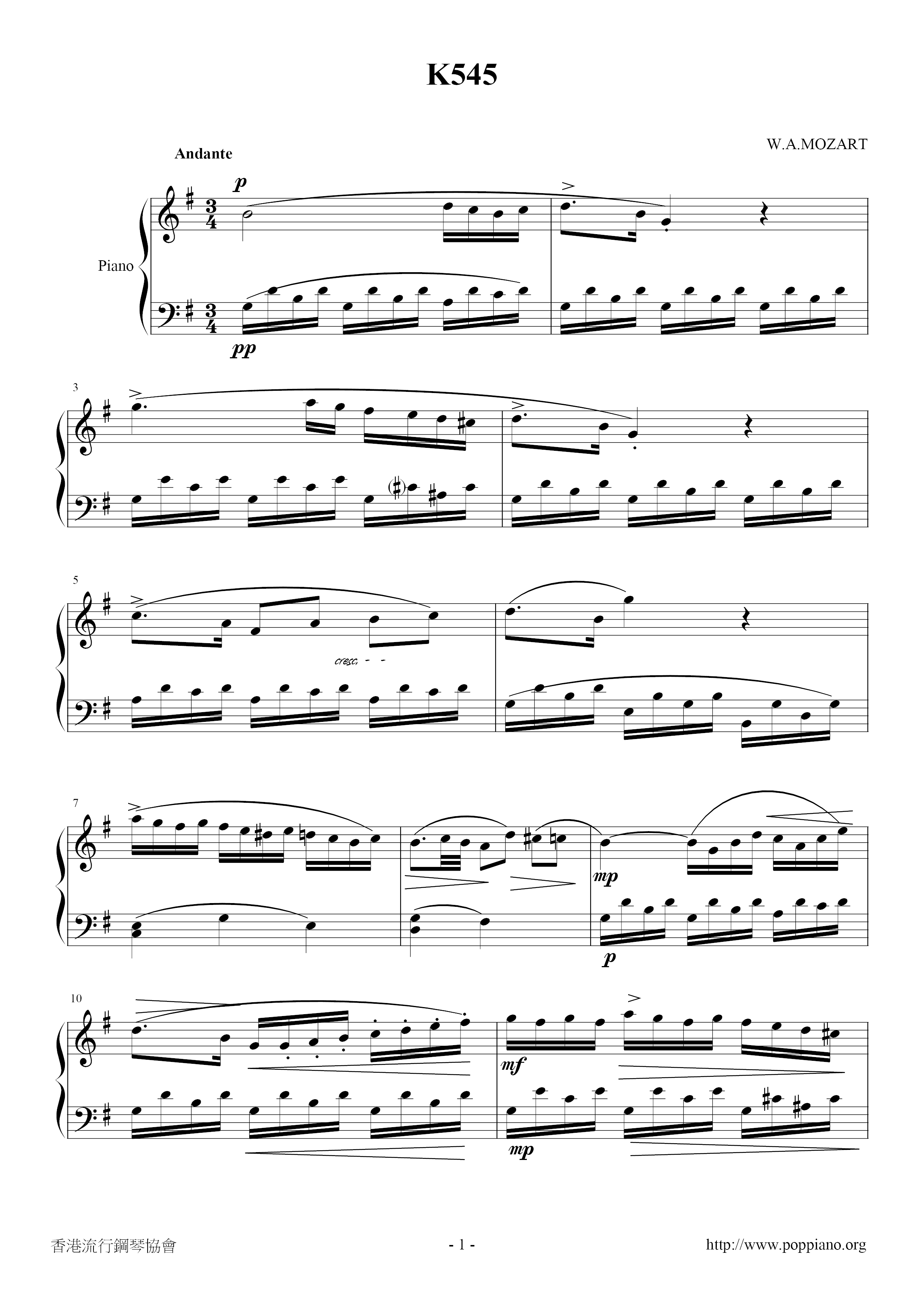 Piano Sonata No. 16 K. 545 2nd Movt Score