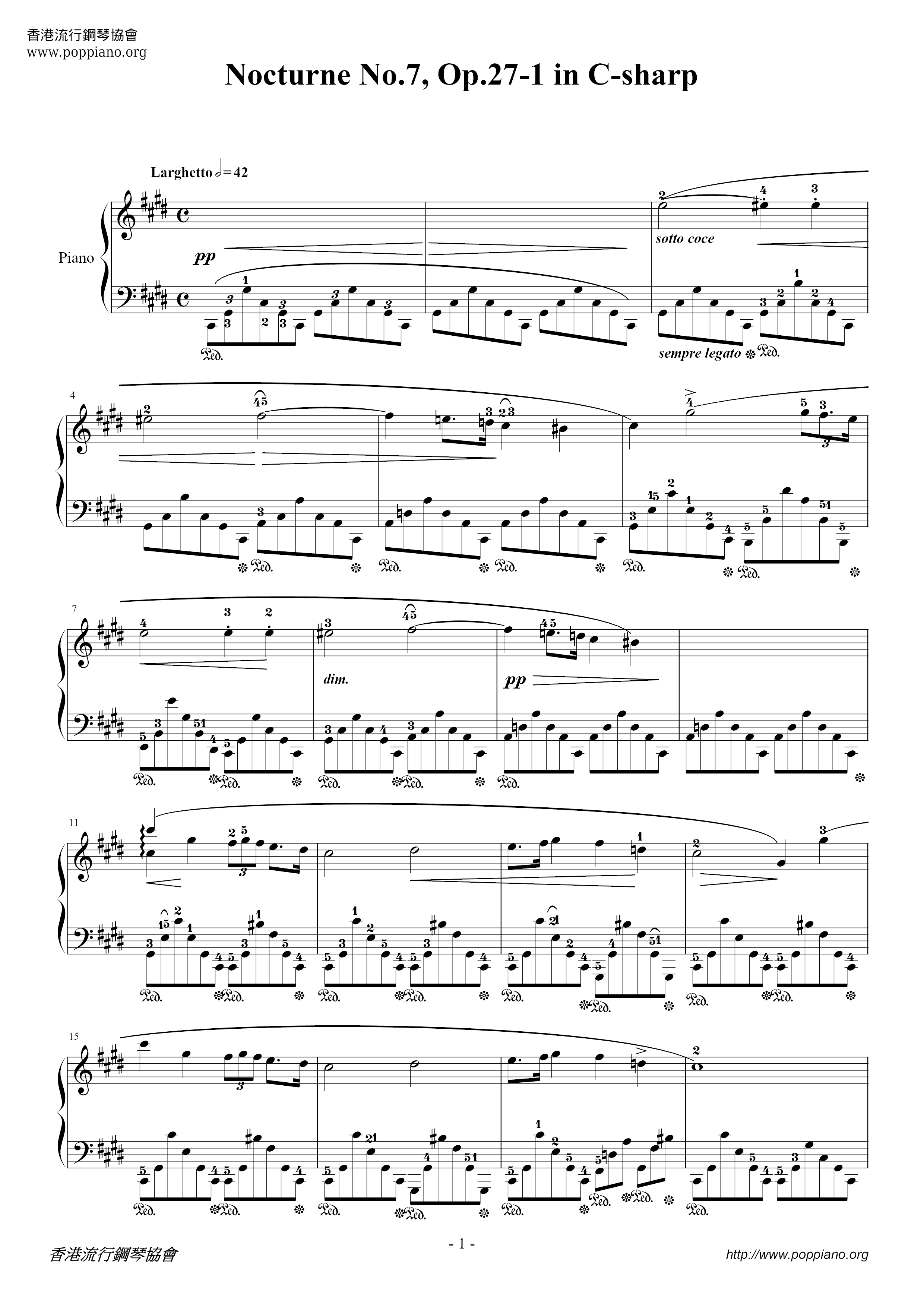 Nocturne No. 07, Op. 27-1 in C# Minorピアノ譜