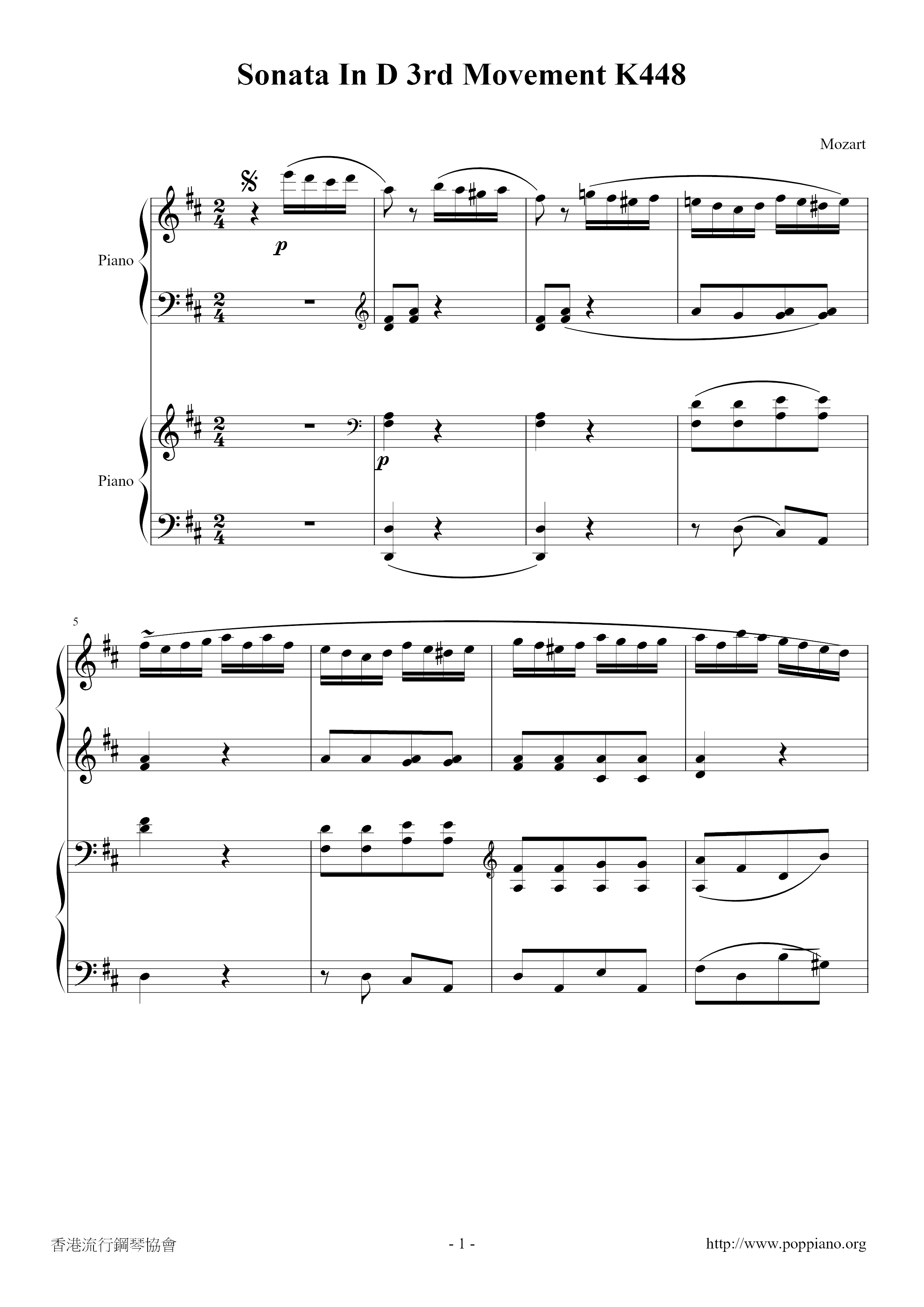 Sonata in D 3rd Movement K448ピアノ譜