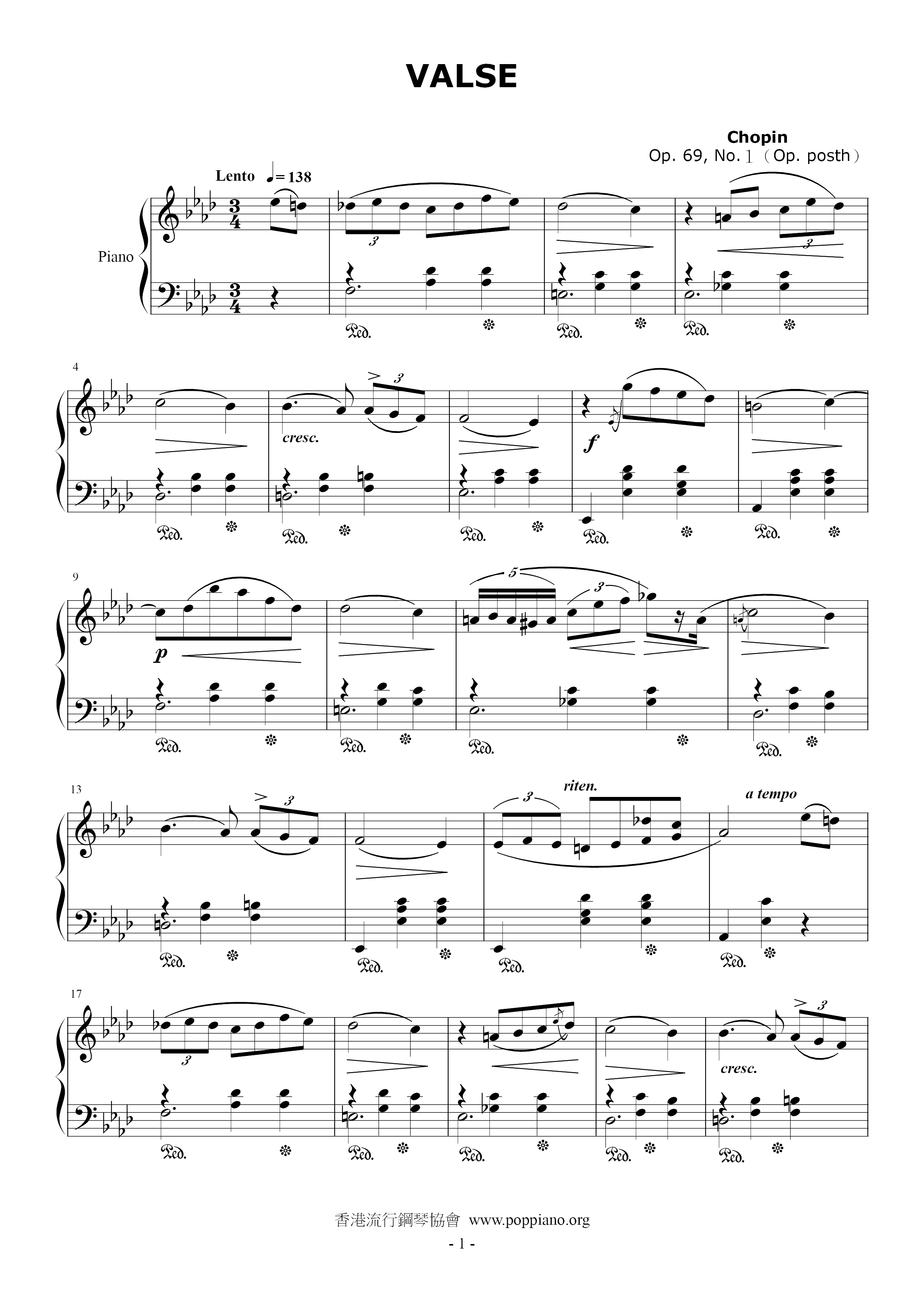 Waltzes, Op. 69, No. 1 In A-Flat Major琴谱