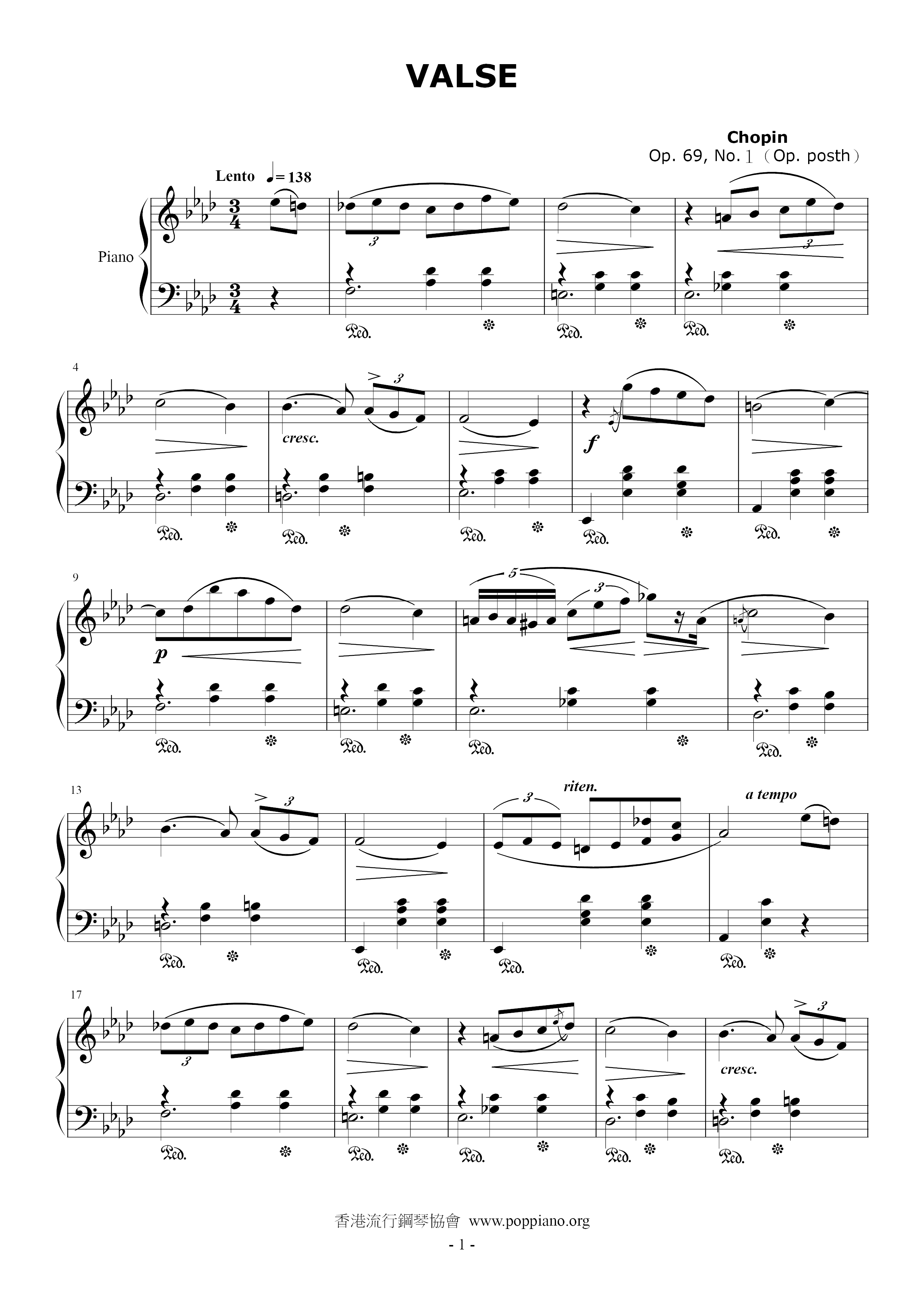 Waltzes, Op. 69, No. 1 In A-Flat Majorピアノ譜