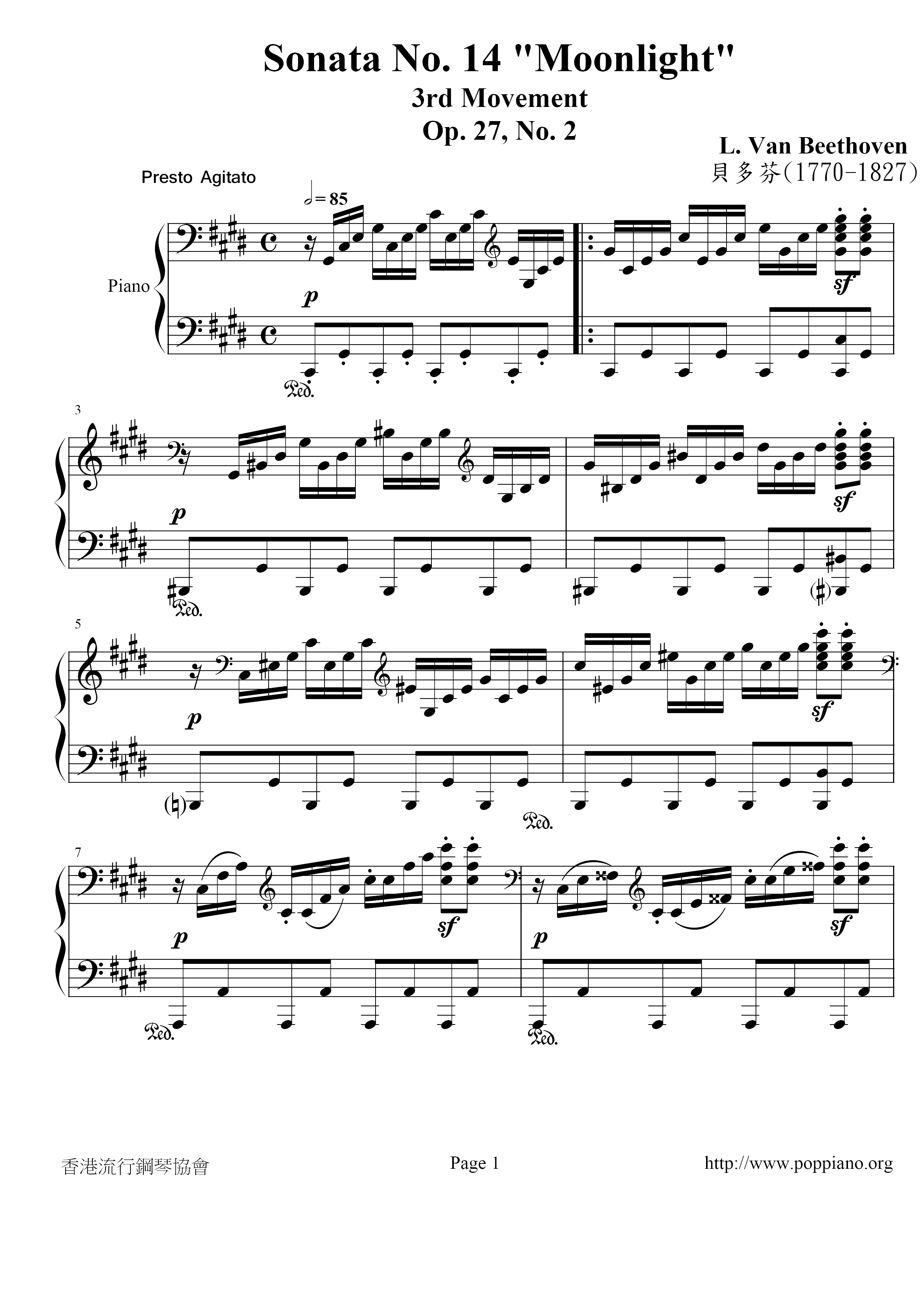 Moonlight Sonata Op. 27 No. 2 Mov 3 (月光奏鳴曲)琴譜