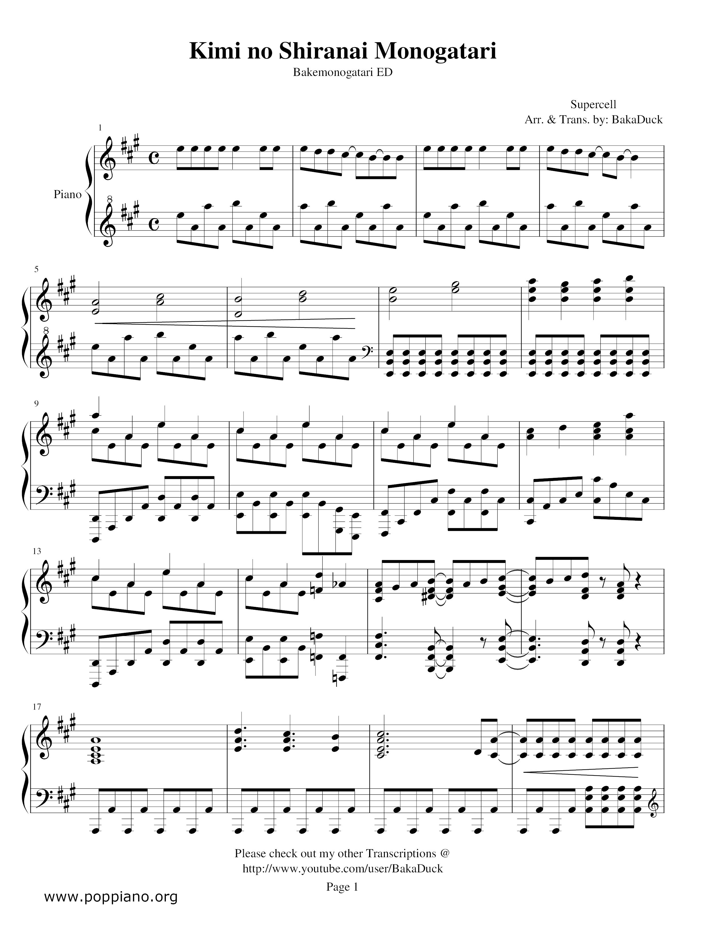 Kimi No Shiranai Monogatariピアノ譜