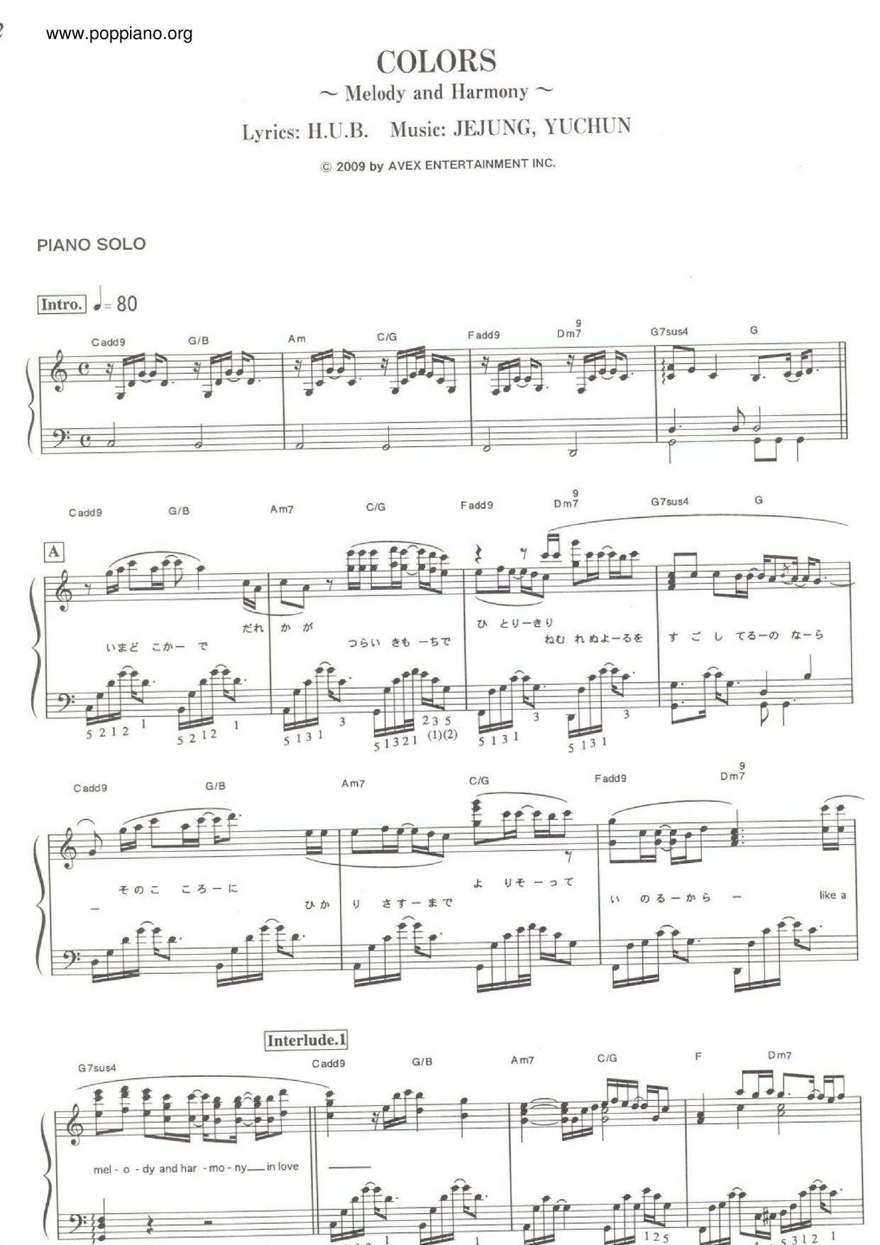 Colours ~ Melody And Harmony Score