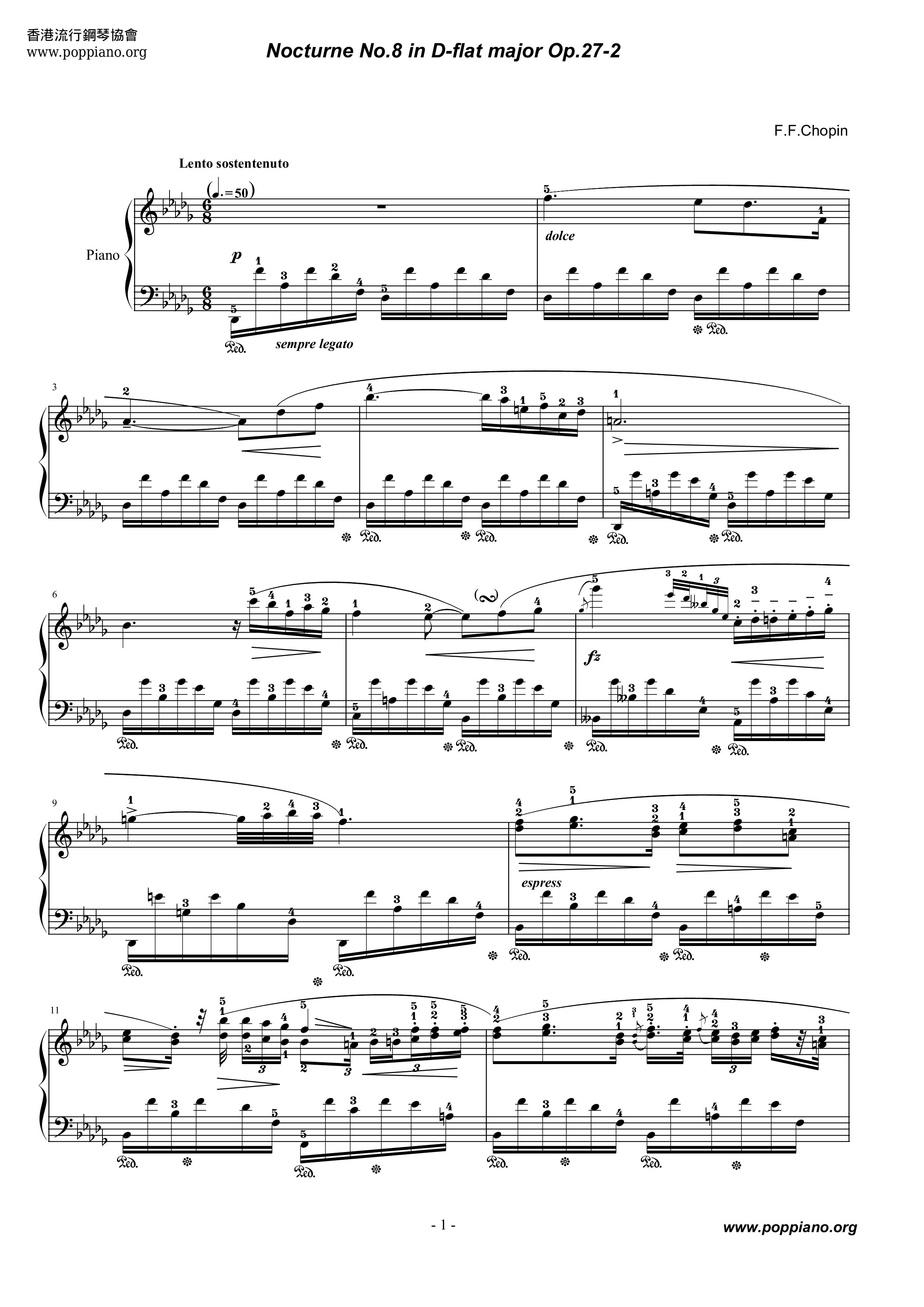 Nocturne No. 8 In D Flat Major Op. 27-2琴譜