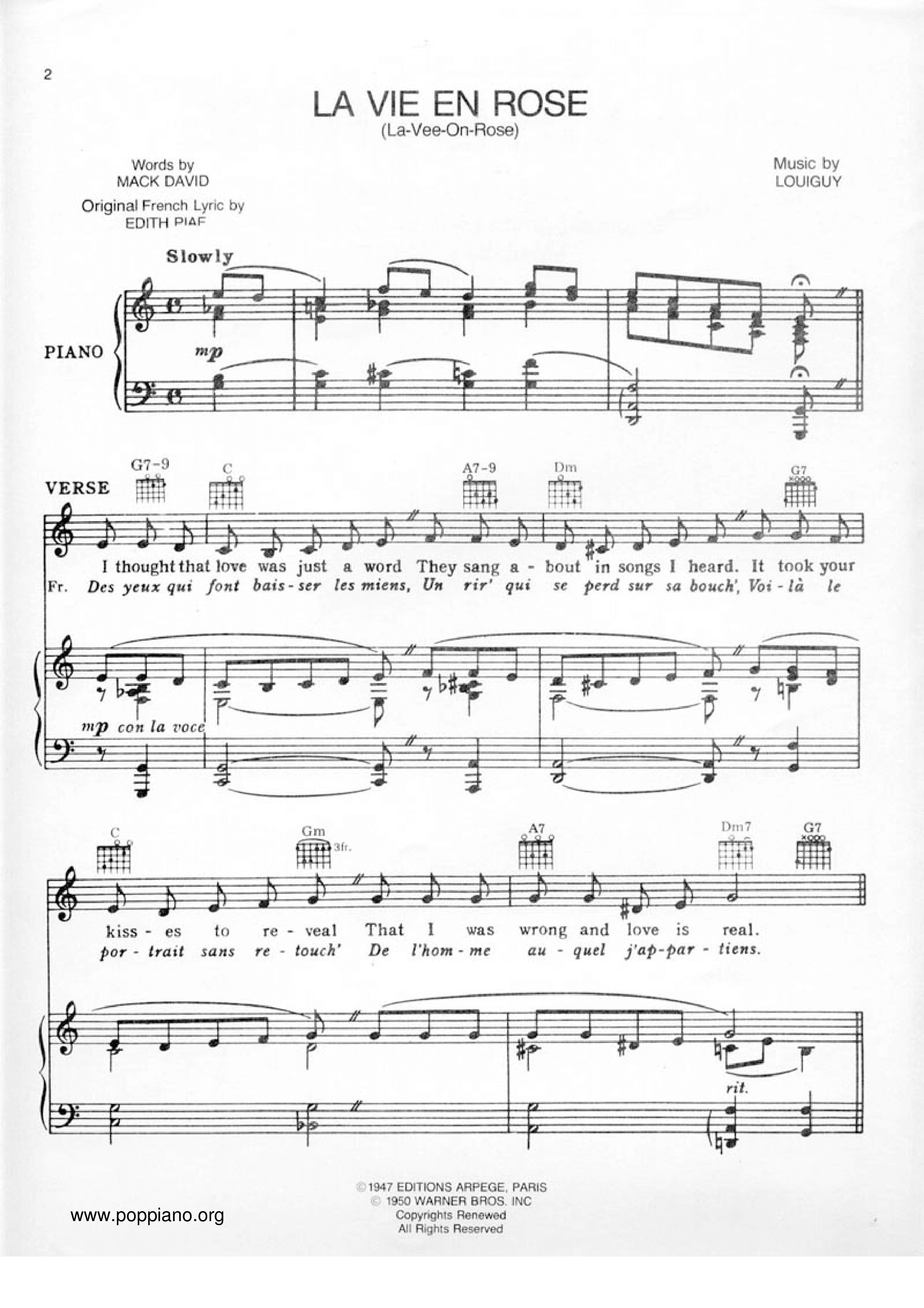 La Vie En Rose Edith Piaf Partition Piano Télécharger Version