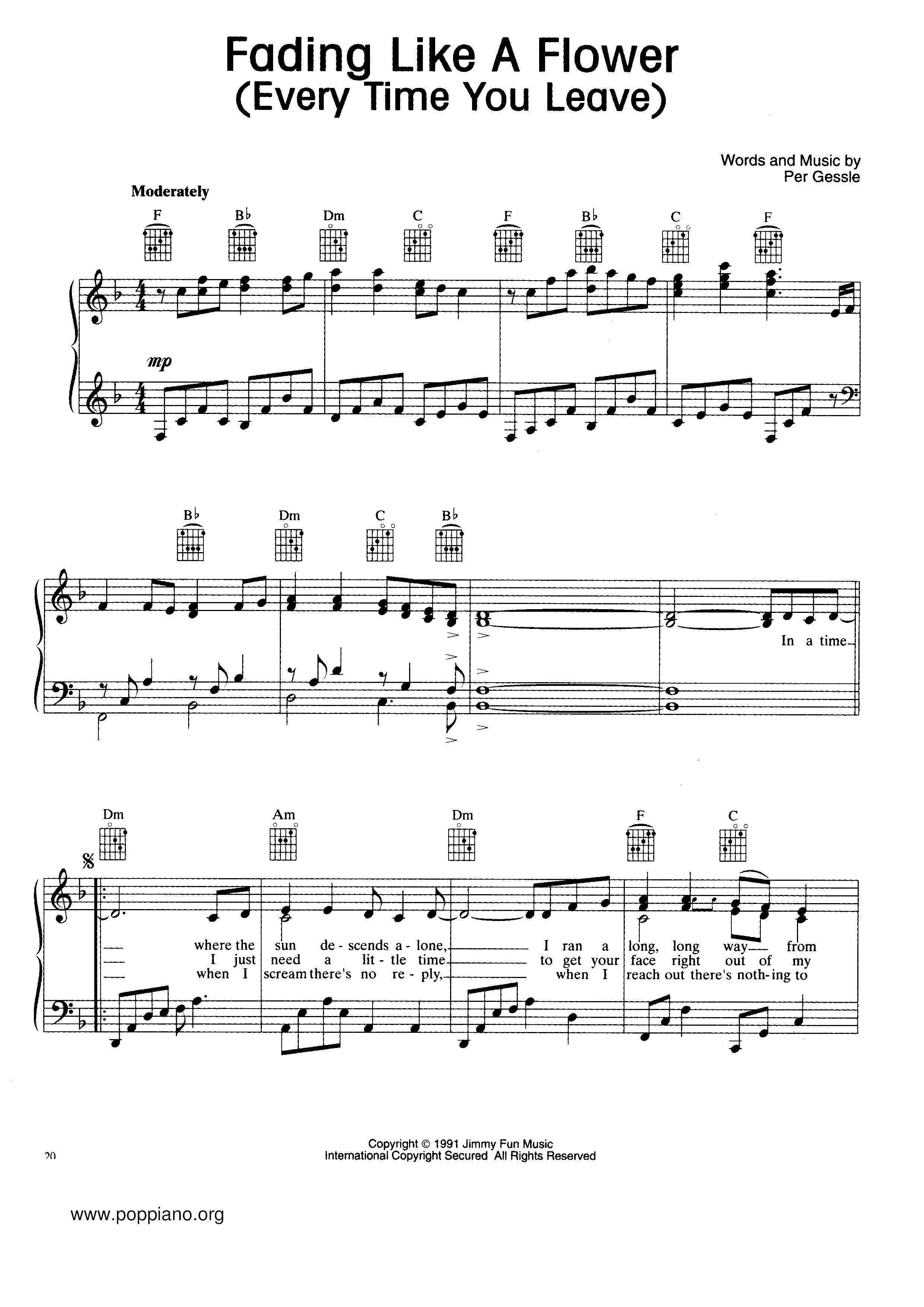 Fading Like A Flower (Every Time You Leave) Score