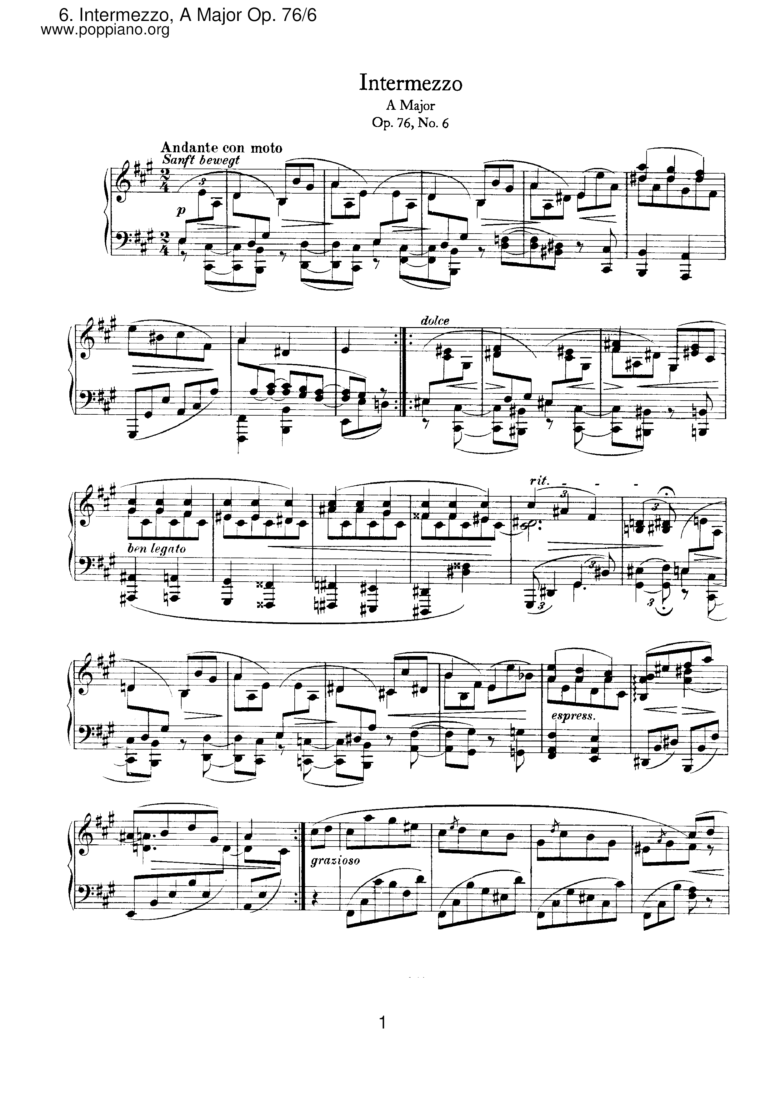 Intermezzo No. 6 in A Major, Op. 76 - Andante con moto Score