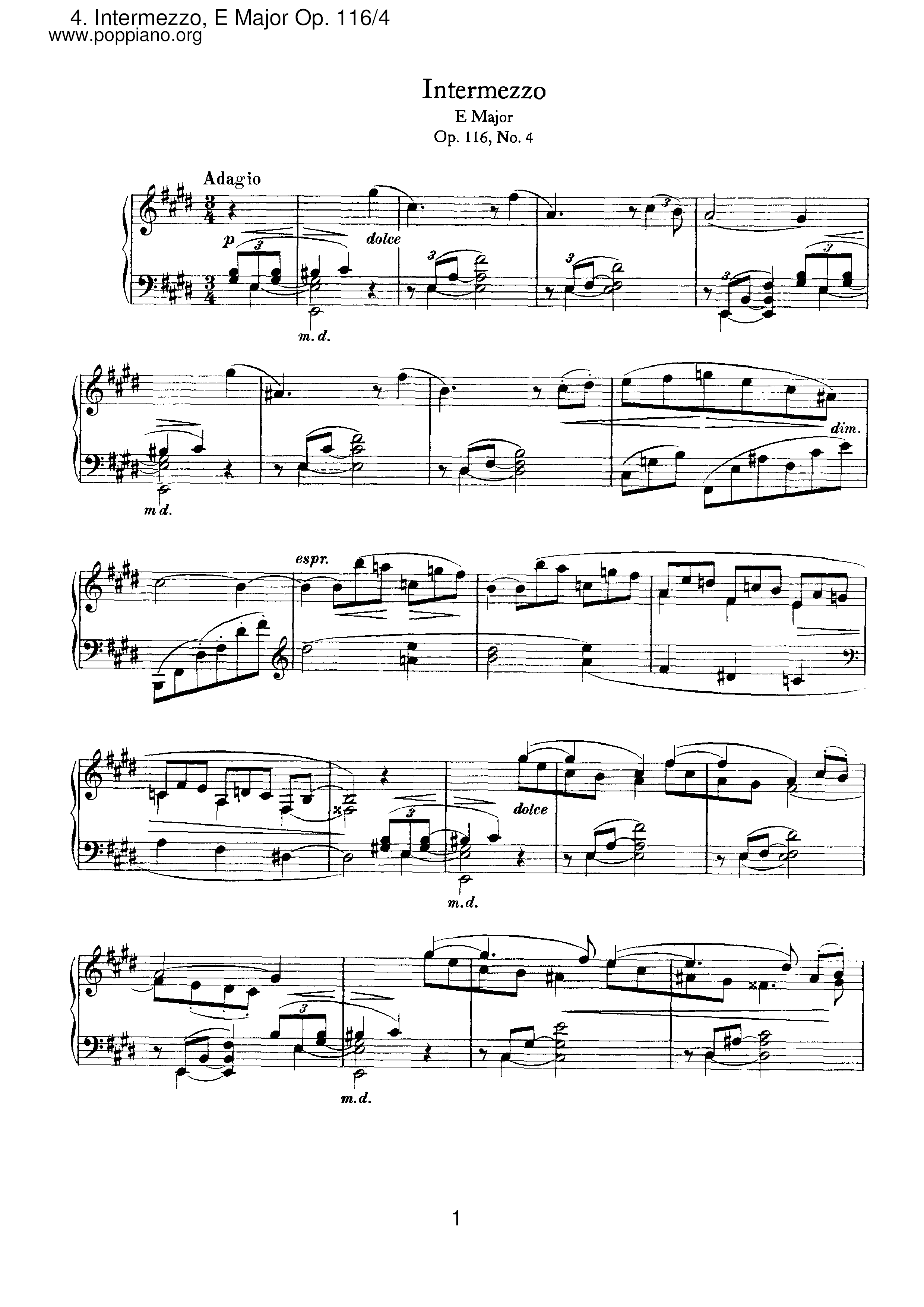 Fantasien 4. Intermezzo, Op.116 Score