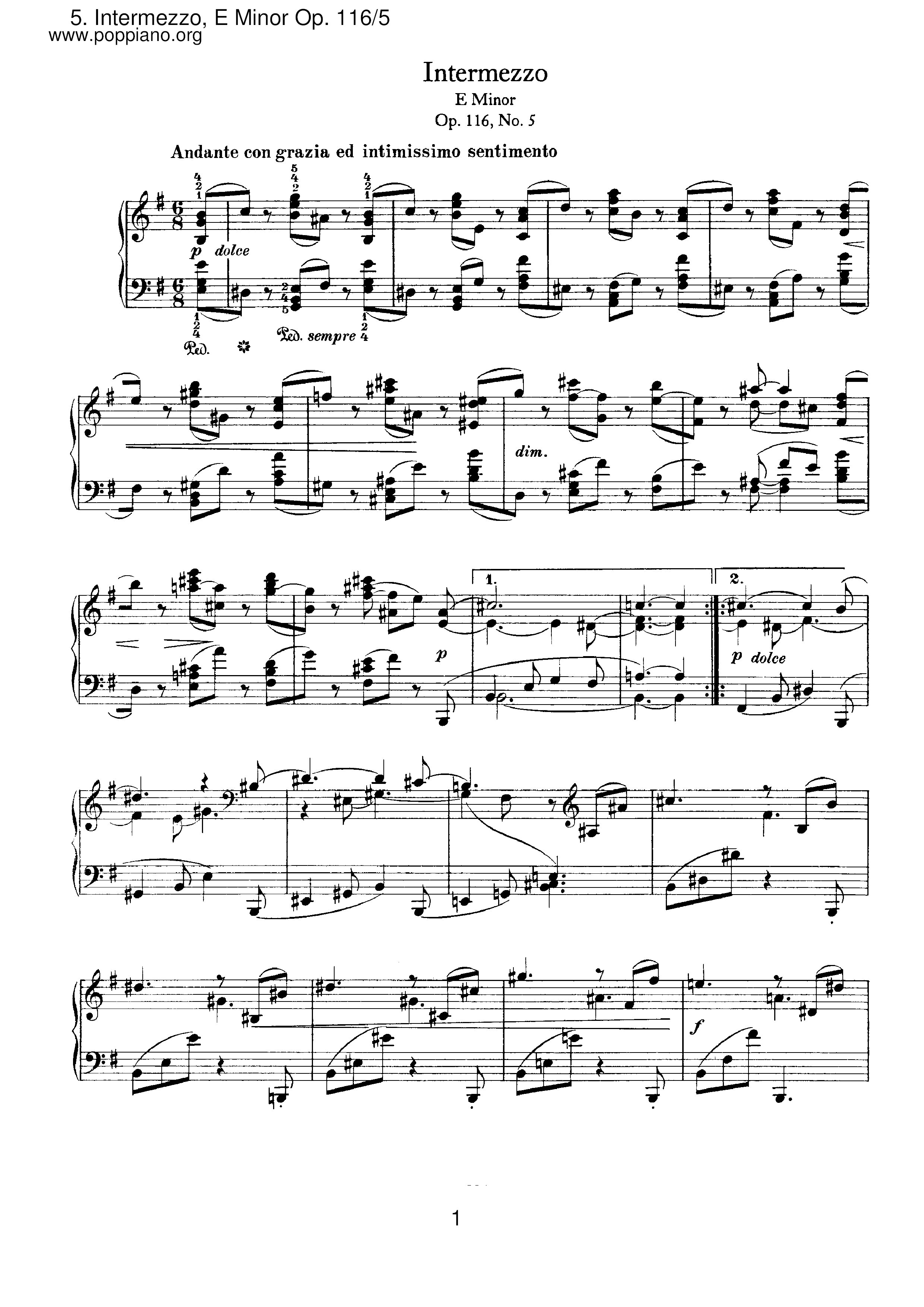 Fantasien 5. Intermezzo, Op.116 Score