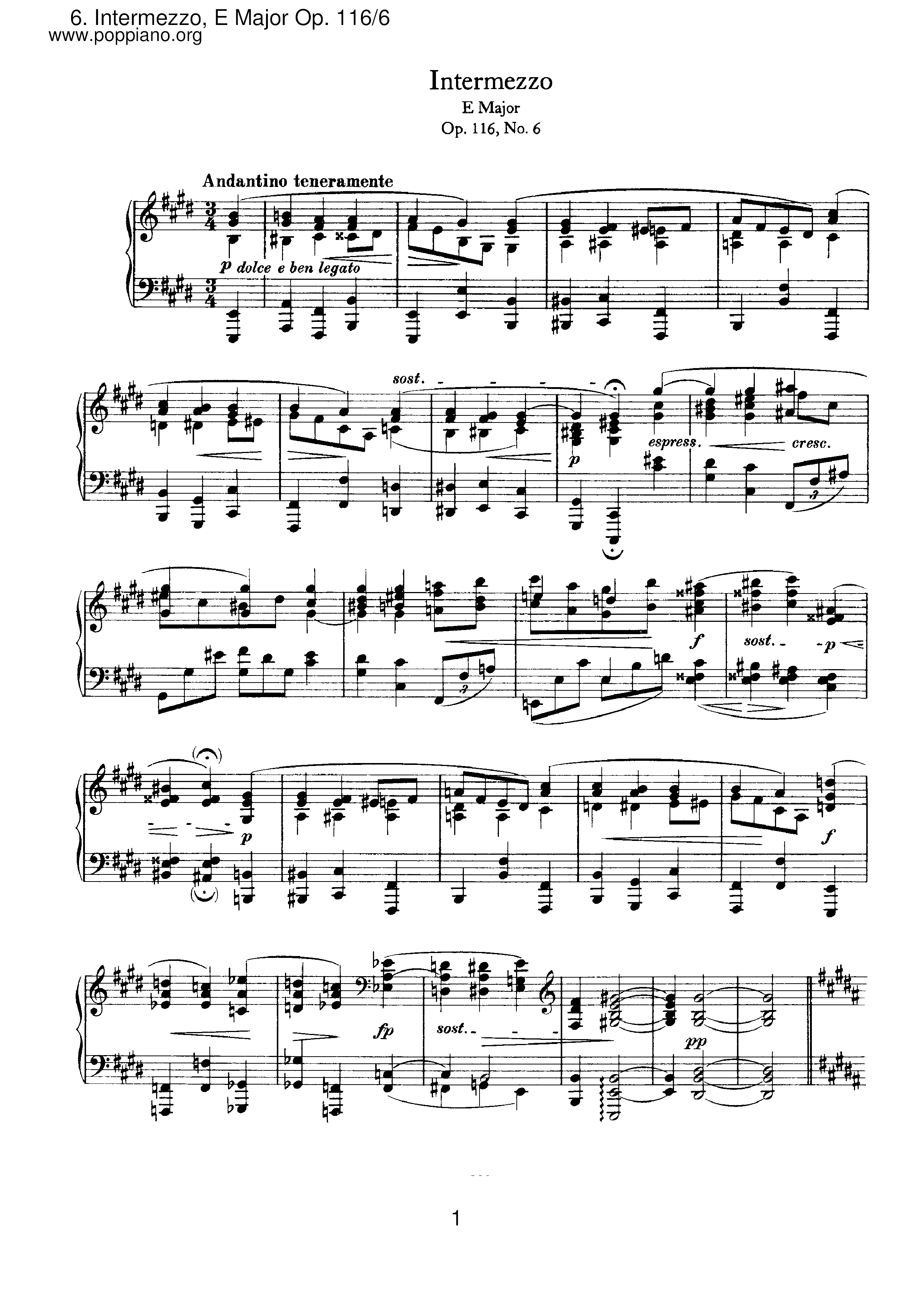 Fantasien 6. Intermezzo, Op.116琴谱