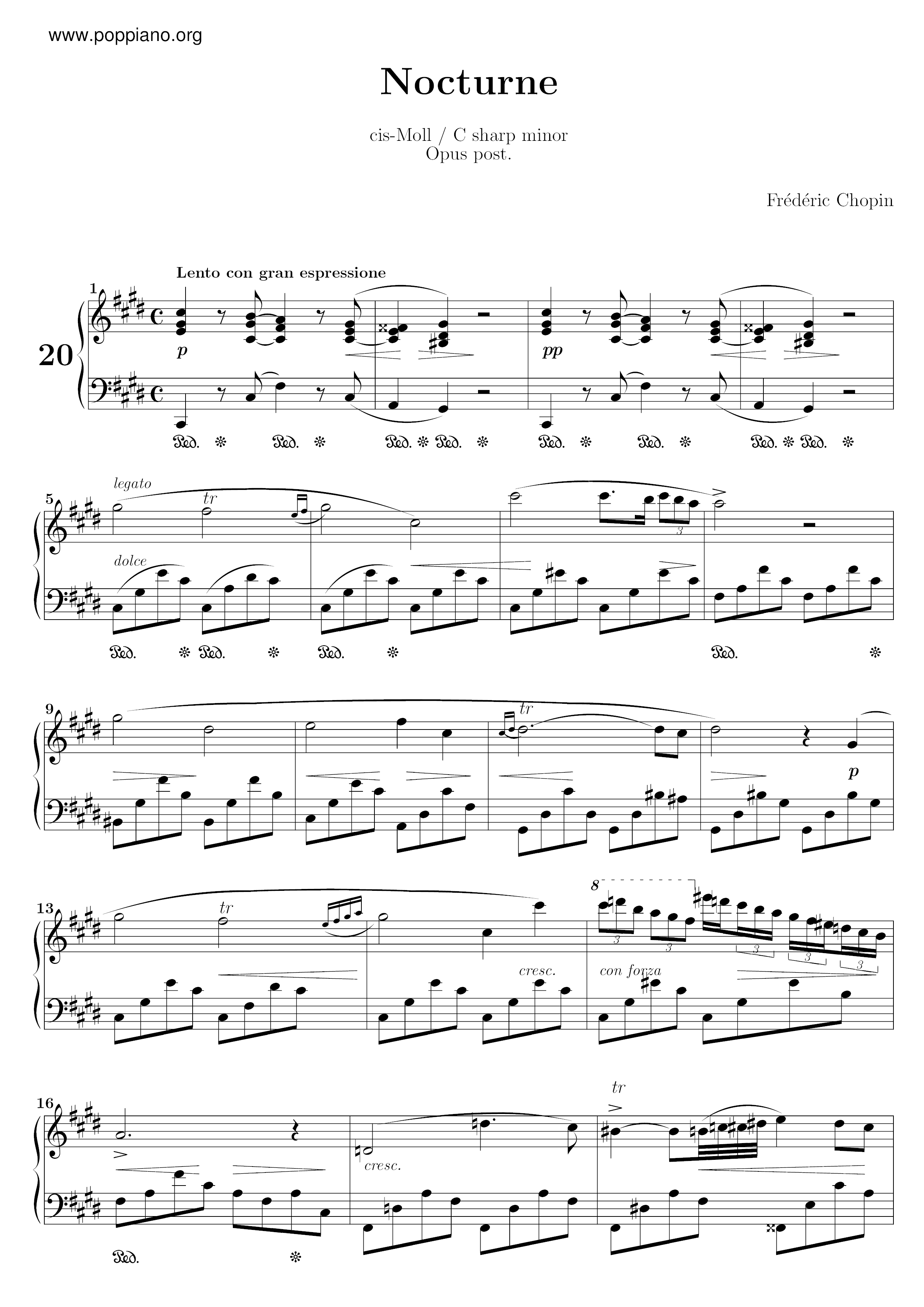 Chopin: Nocturne No. 20 in C-Sharp Minor, Op. Posth.琴譜