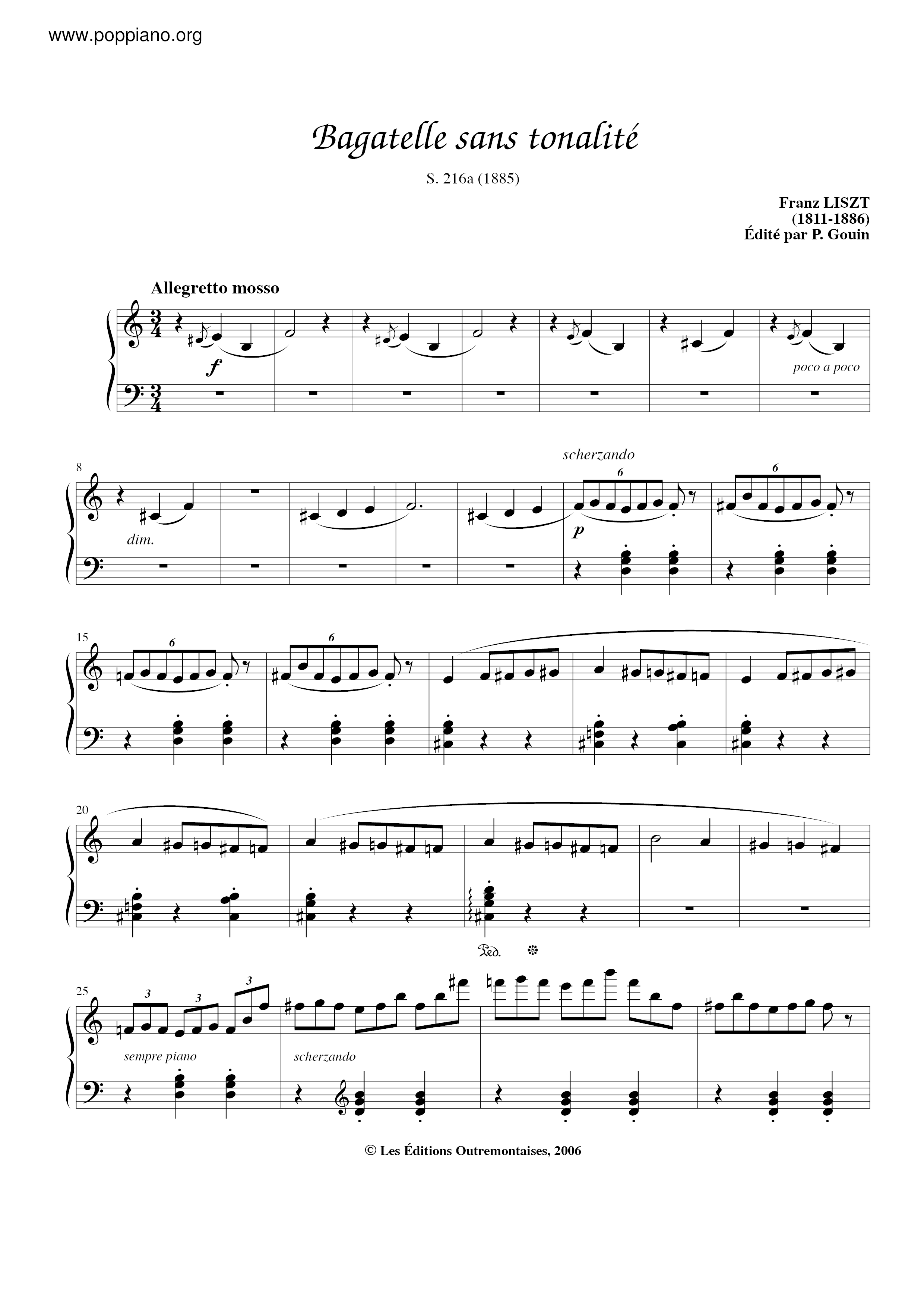 Bagatelle sans tonalite, S.216a琴谱