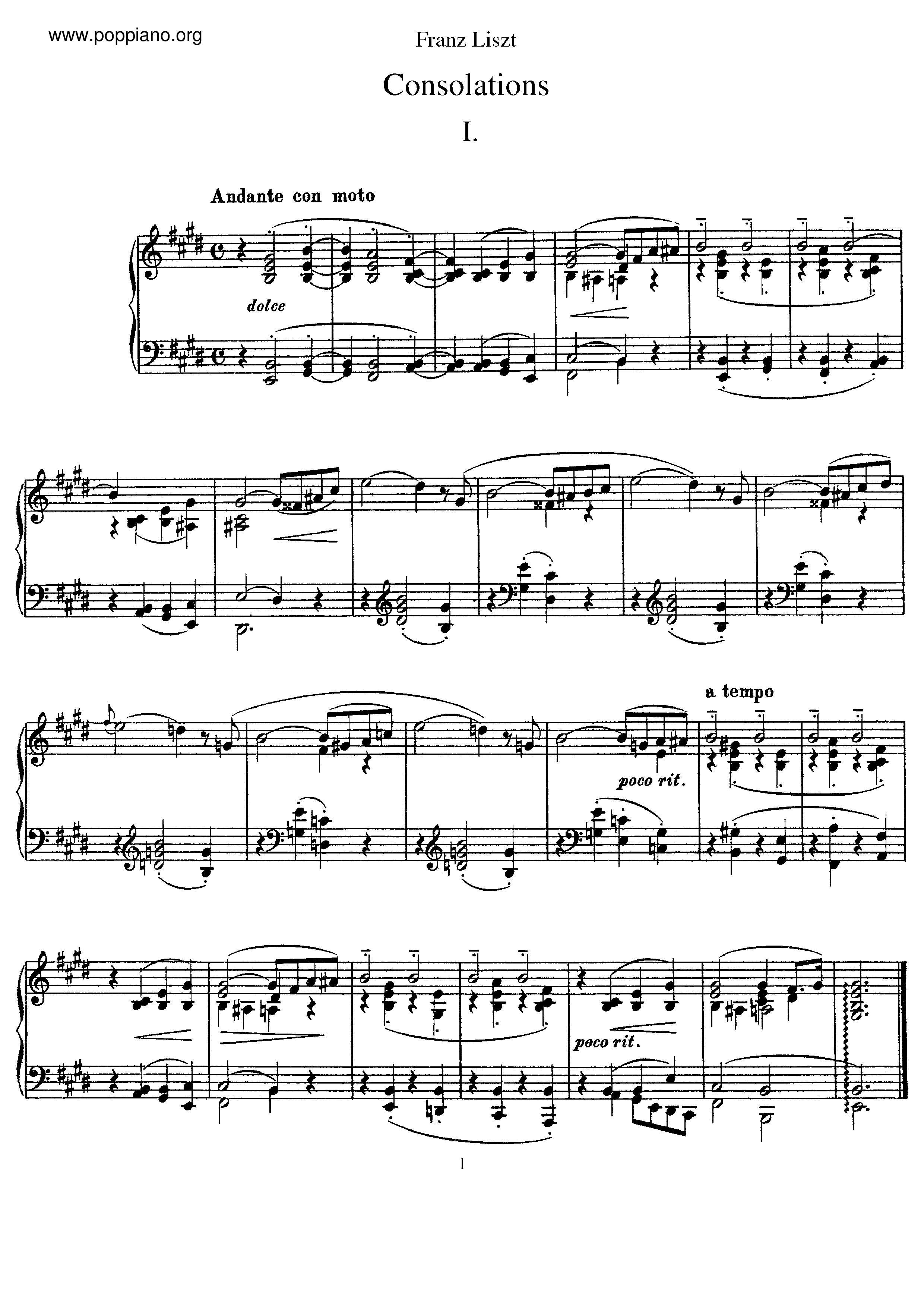 6 Consolations, S. 172: No. 3 in D-Flat Major (Lento, placido)琴譜