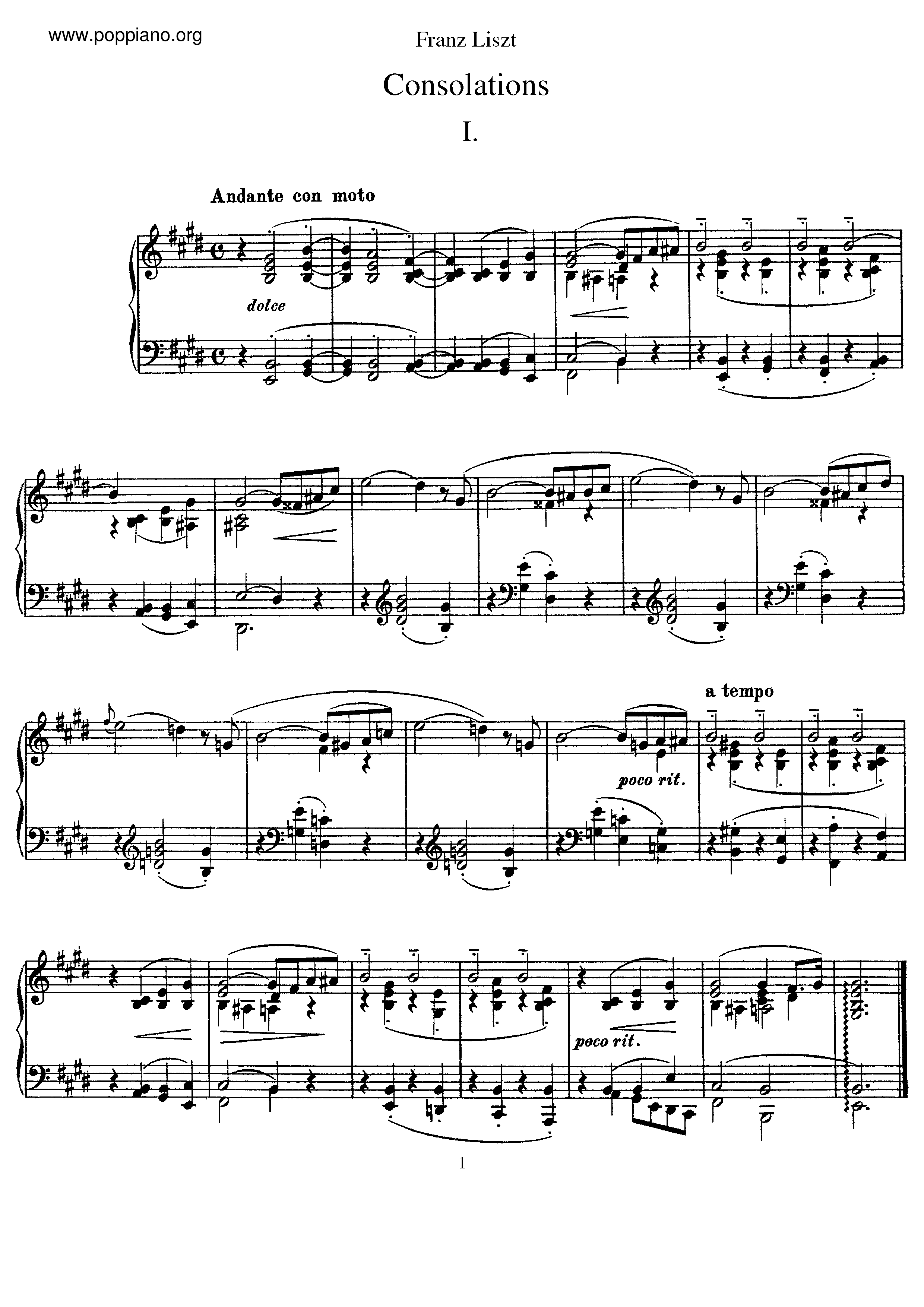 6 Consolations, S. 172: No. 3 in D-Flat Major (Lento, placido)ピアノ譜