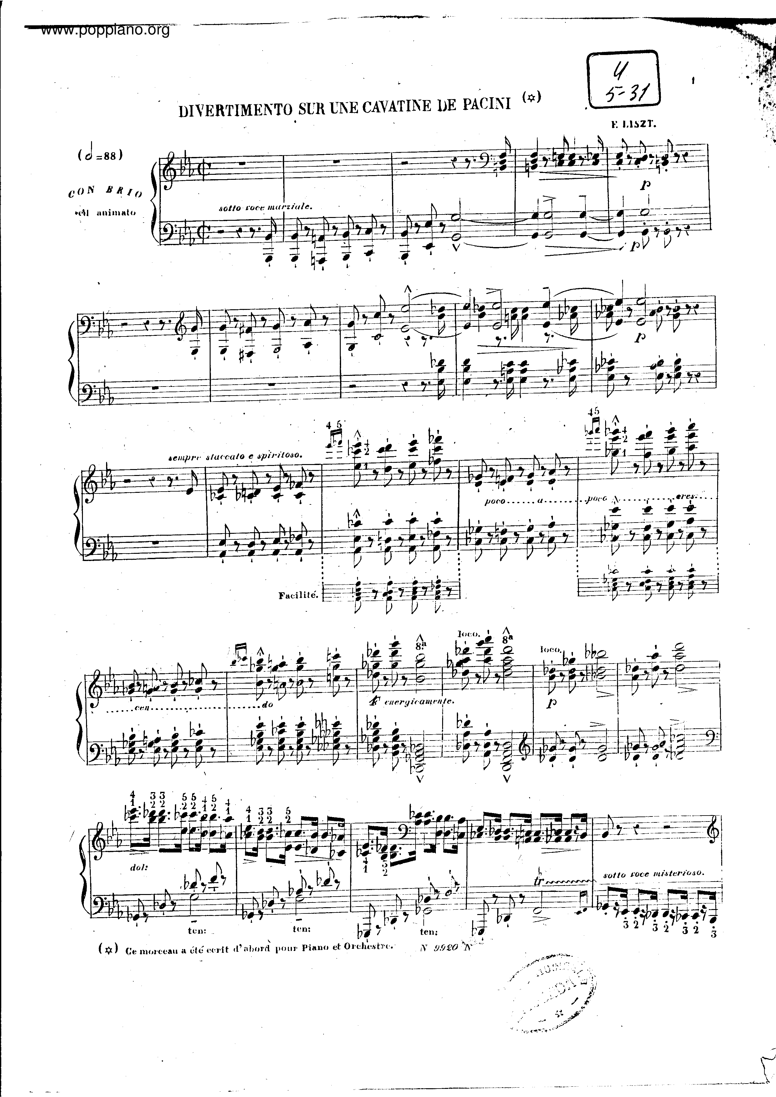 Divertissement sur une Cavatine de Pacini, S.419ピアノ譜
