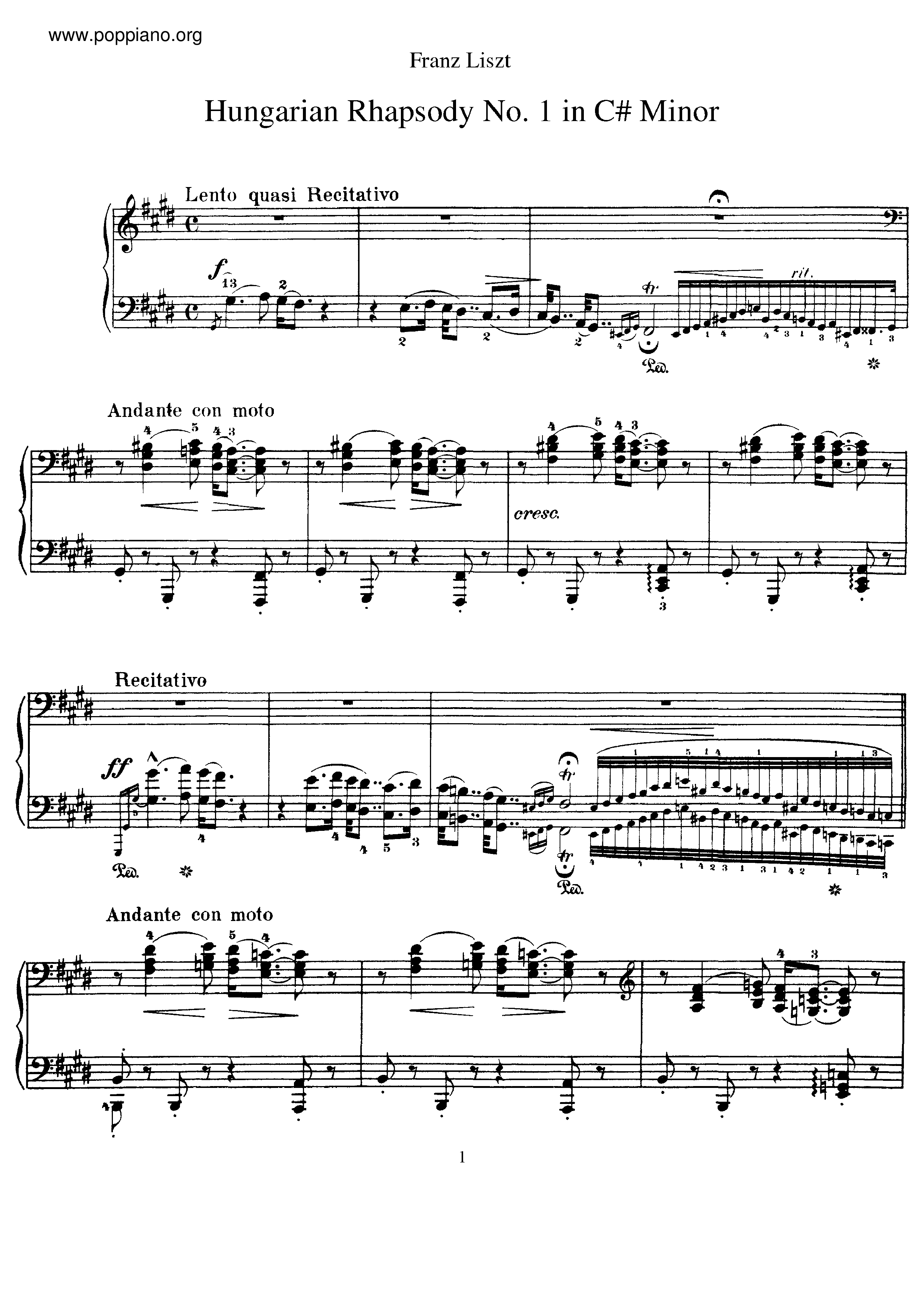 Hungarian Rhapsody No.1, S.244/1琴譜