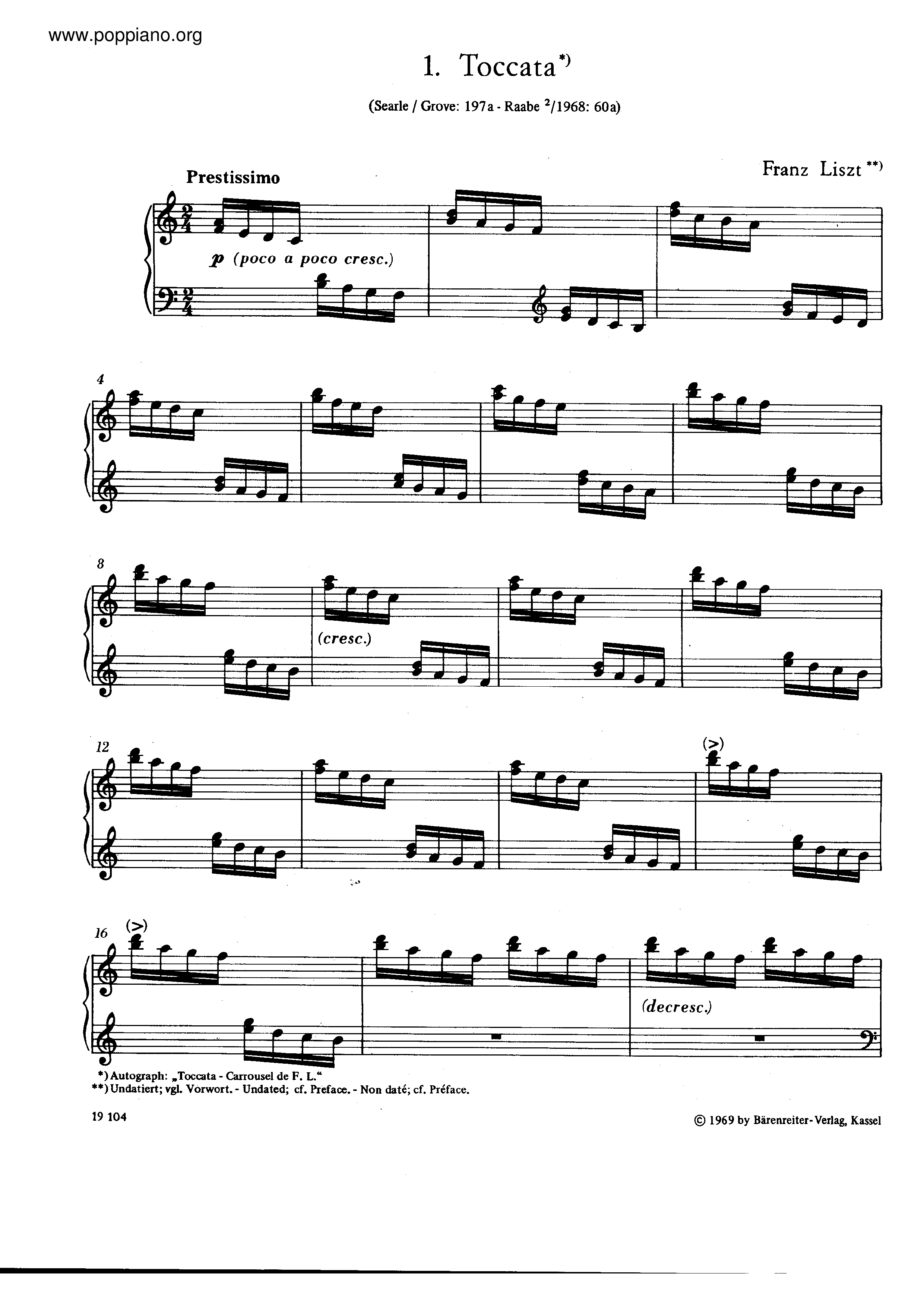 Toccata, S.197a Score