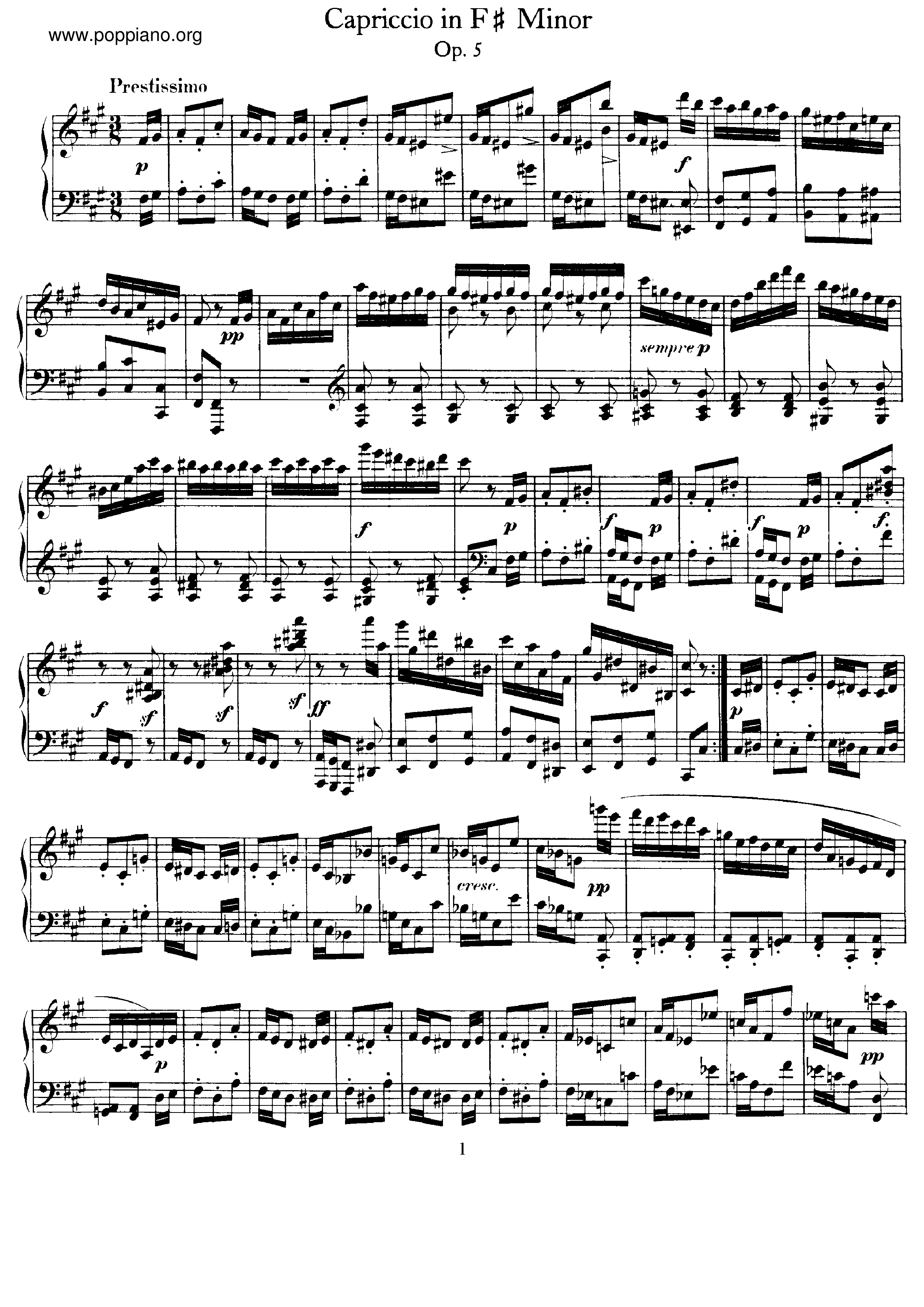 Capriccio, Op.5ピアノ譜