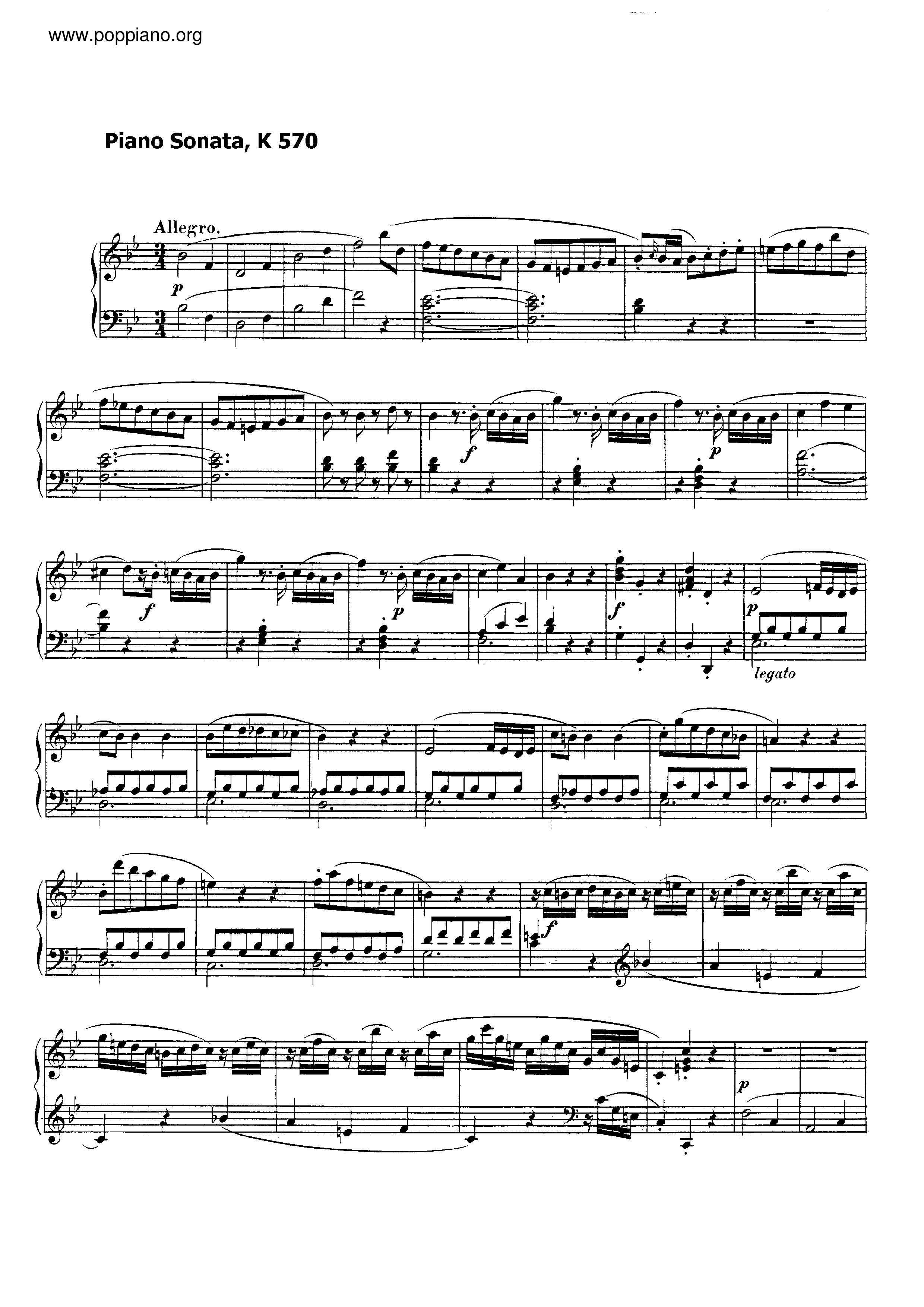 Piano Sonata in B flat major, K. 570 Score