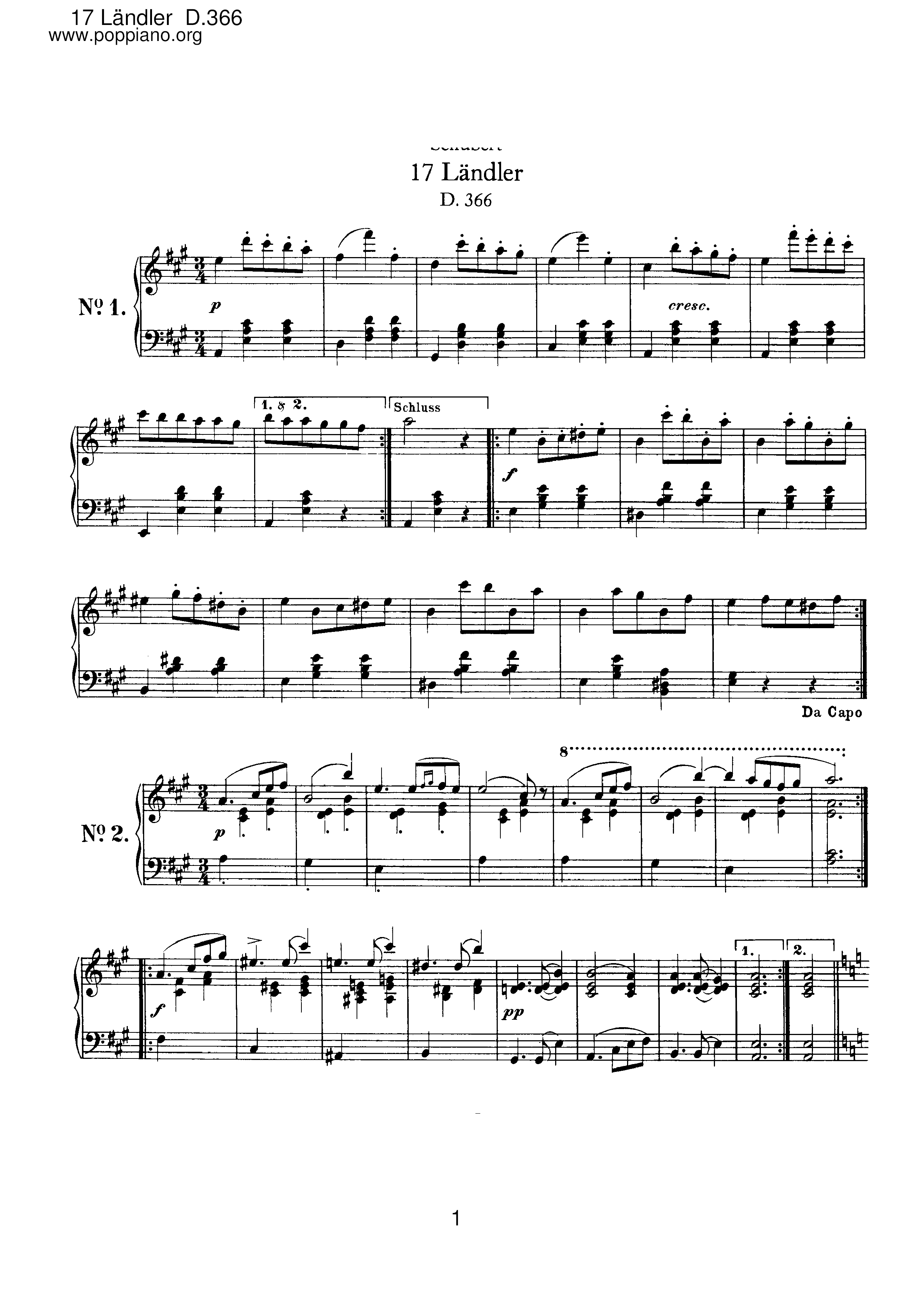 17 Landler, D.366ピアノ譜