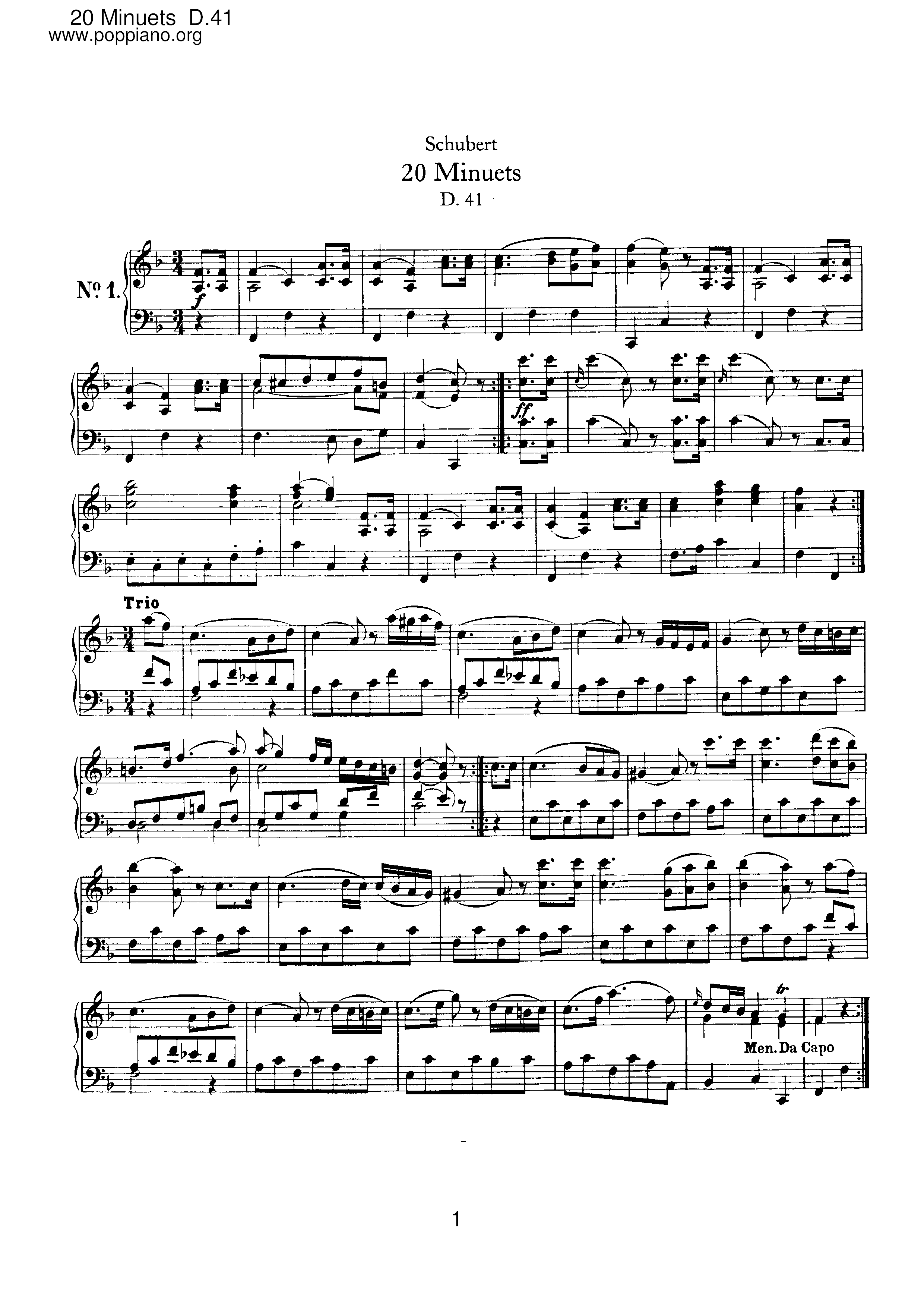 20 Minuets, D.41ピアノ譜