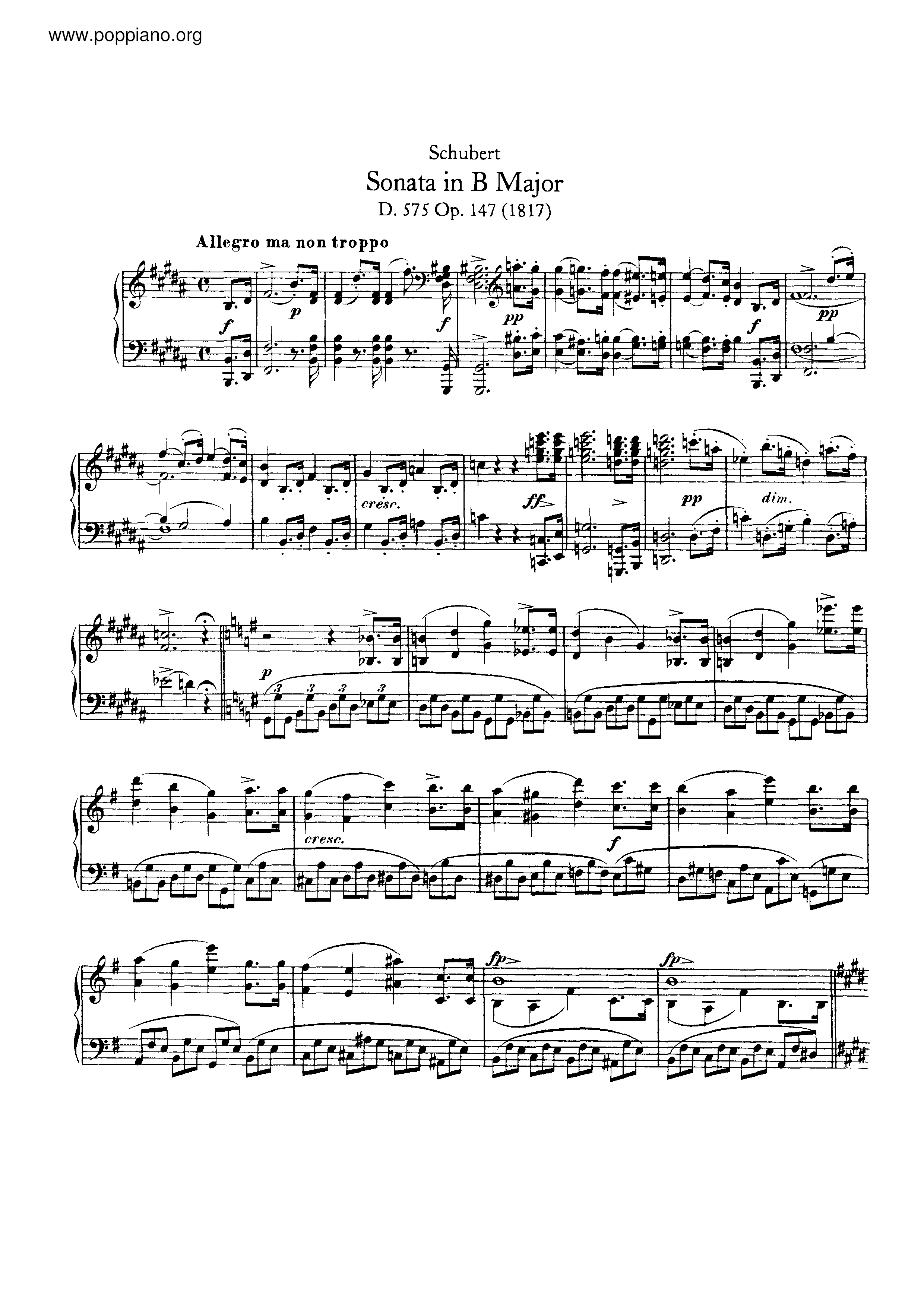 Piano Sonata in B major, D.575 Score