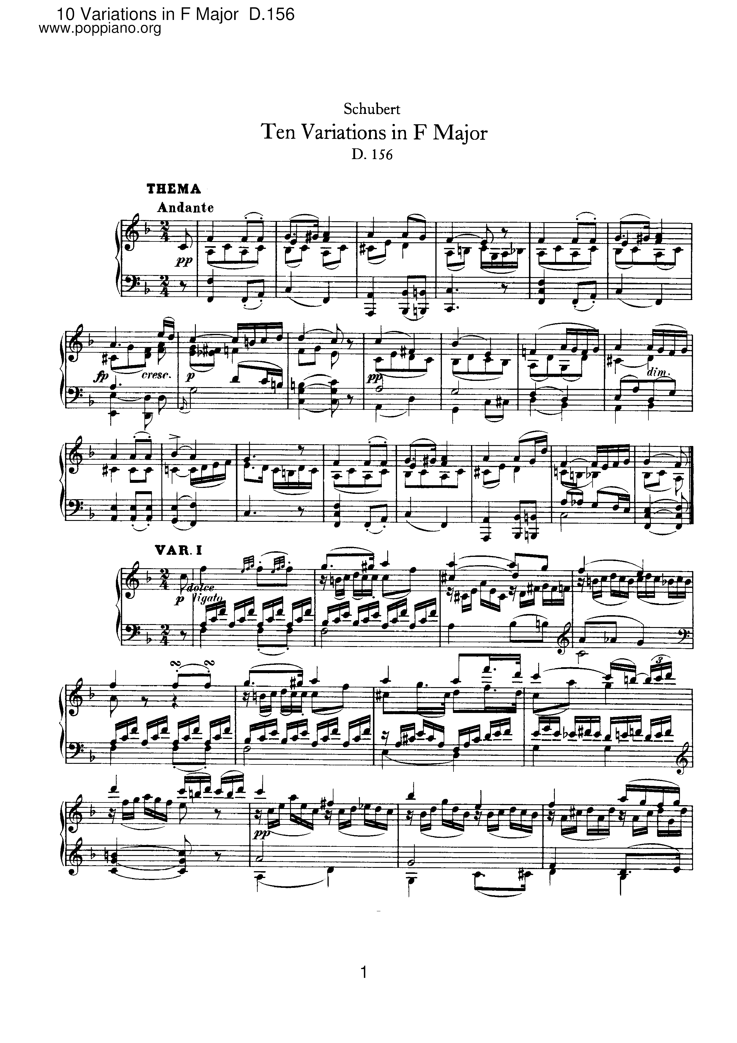 10 Variations in F major, D.156琴譜