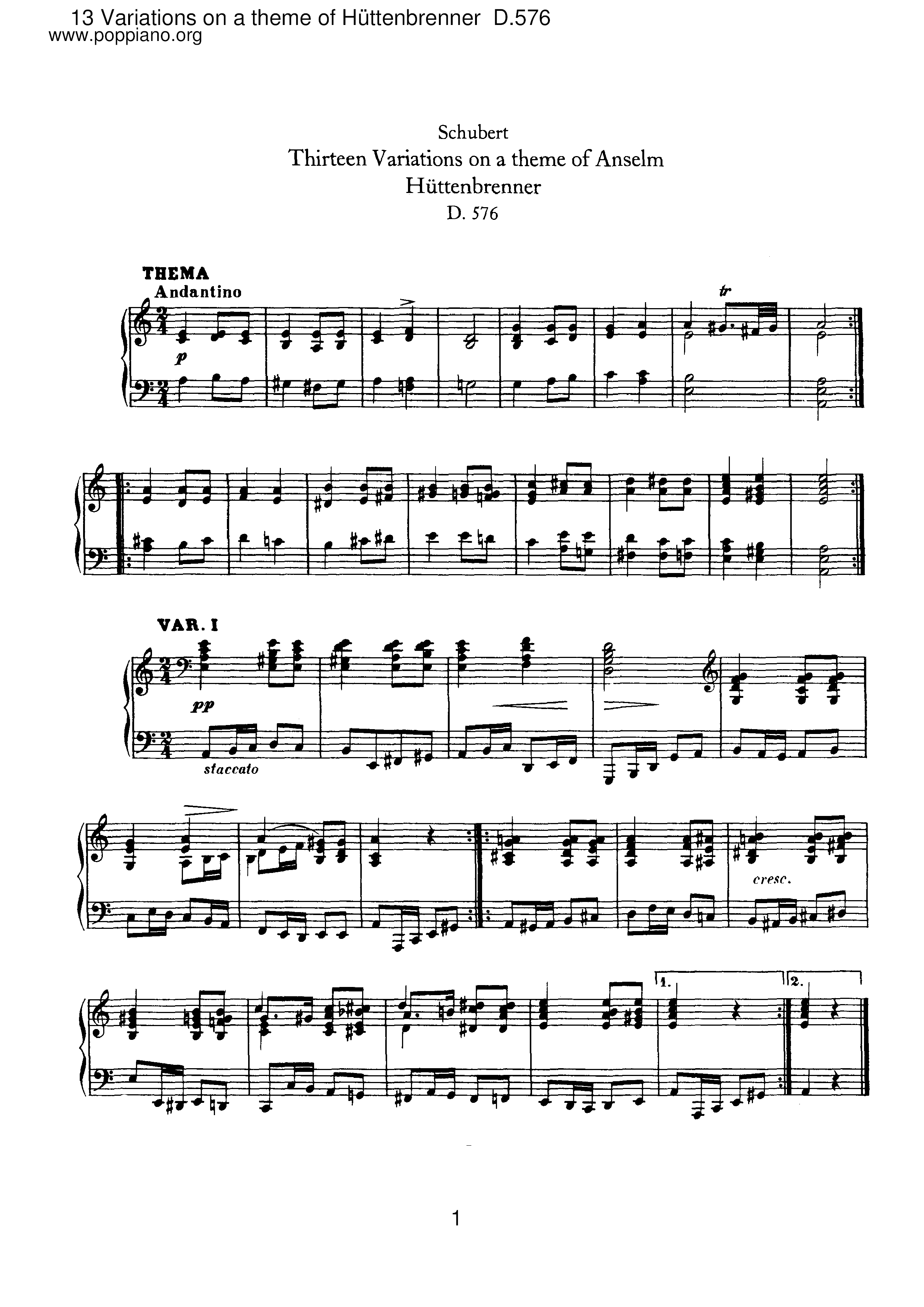 13 Variations on a Theme of Huttenbrennet, D.576ピアノ譜