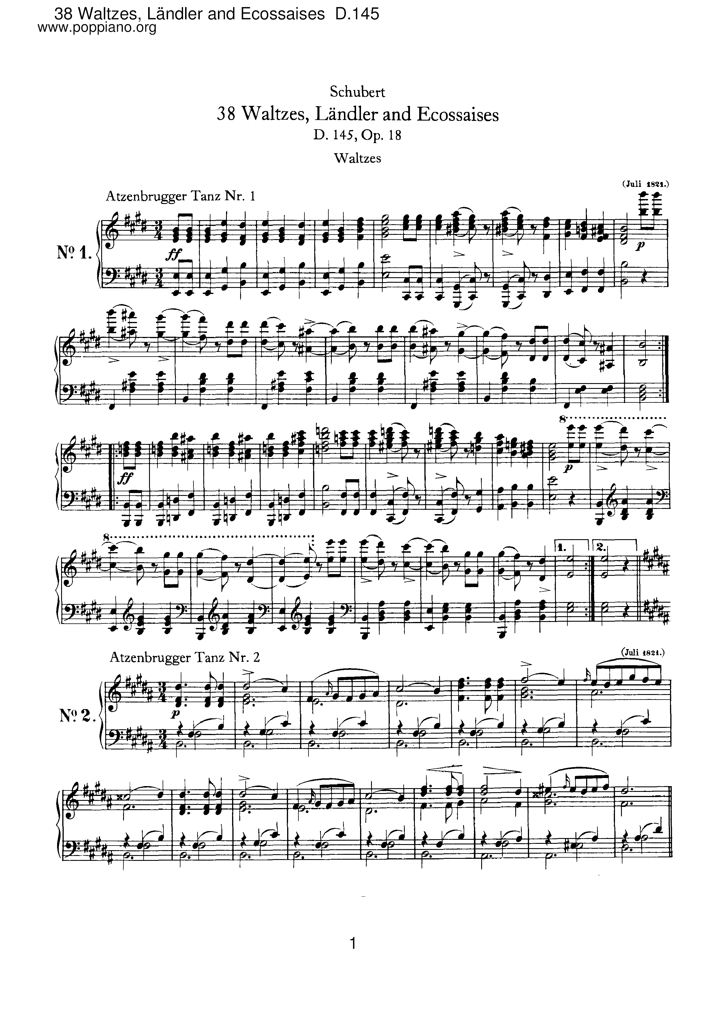 38 Waltzes, Landler and Ecossaises, D.145ピアノ譜