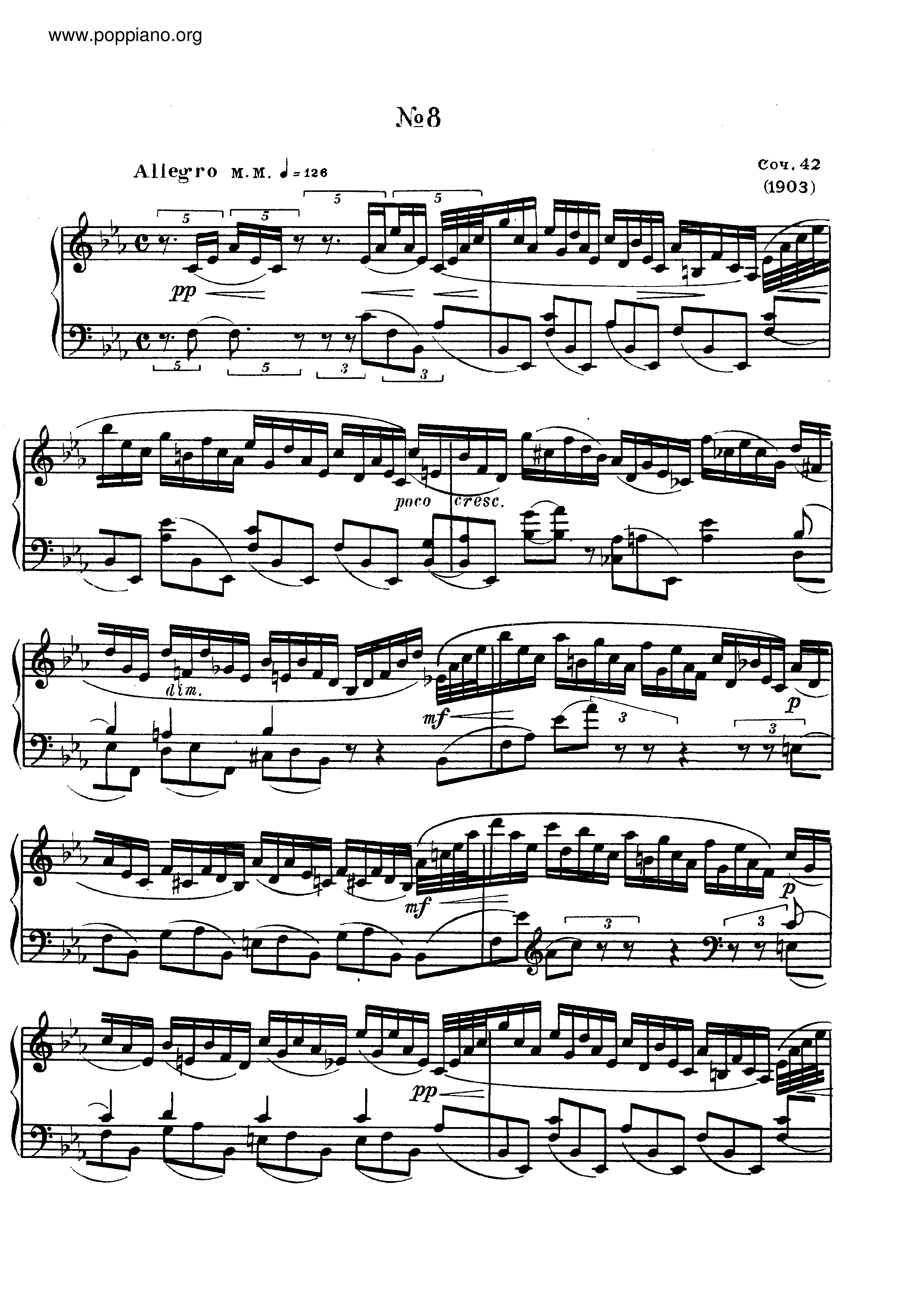 No.8 Etude in E flat major, Op.42 Score