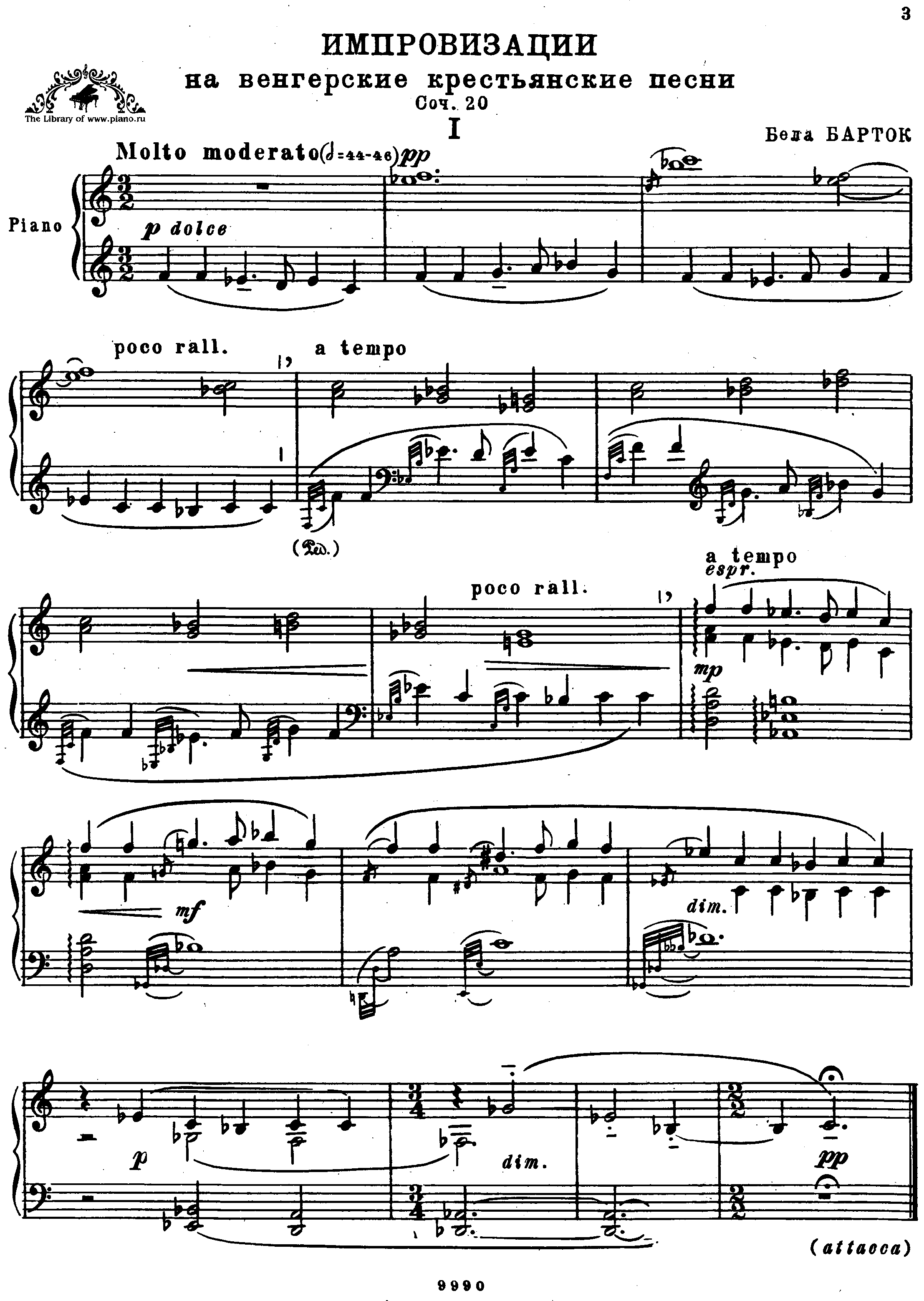 Improvisations on Hungarian Peasant Songs, Op.20 Score