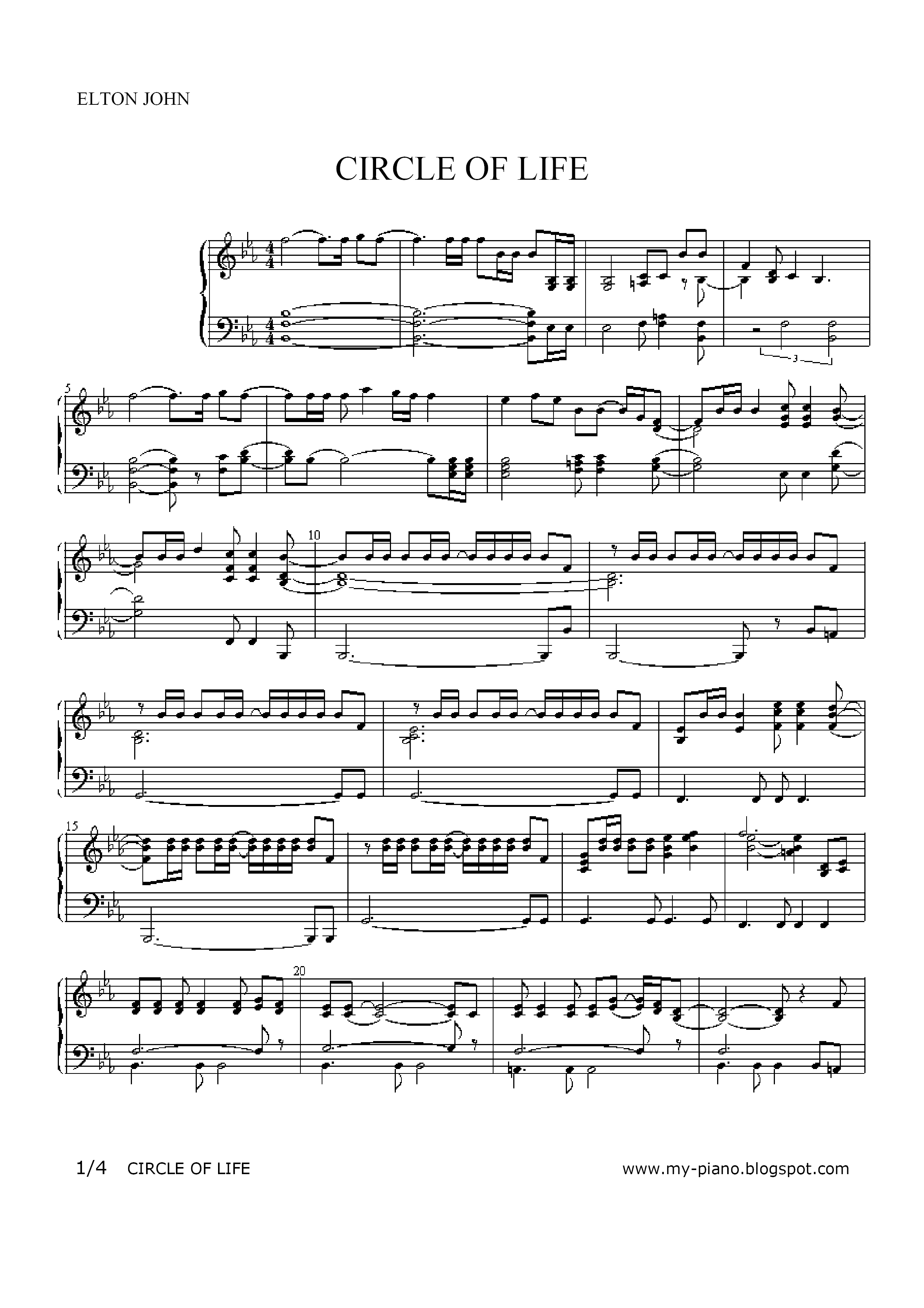 ☆Elton John - The Lion King - Circle Of Life ピアノ譜pdf