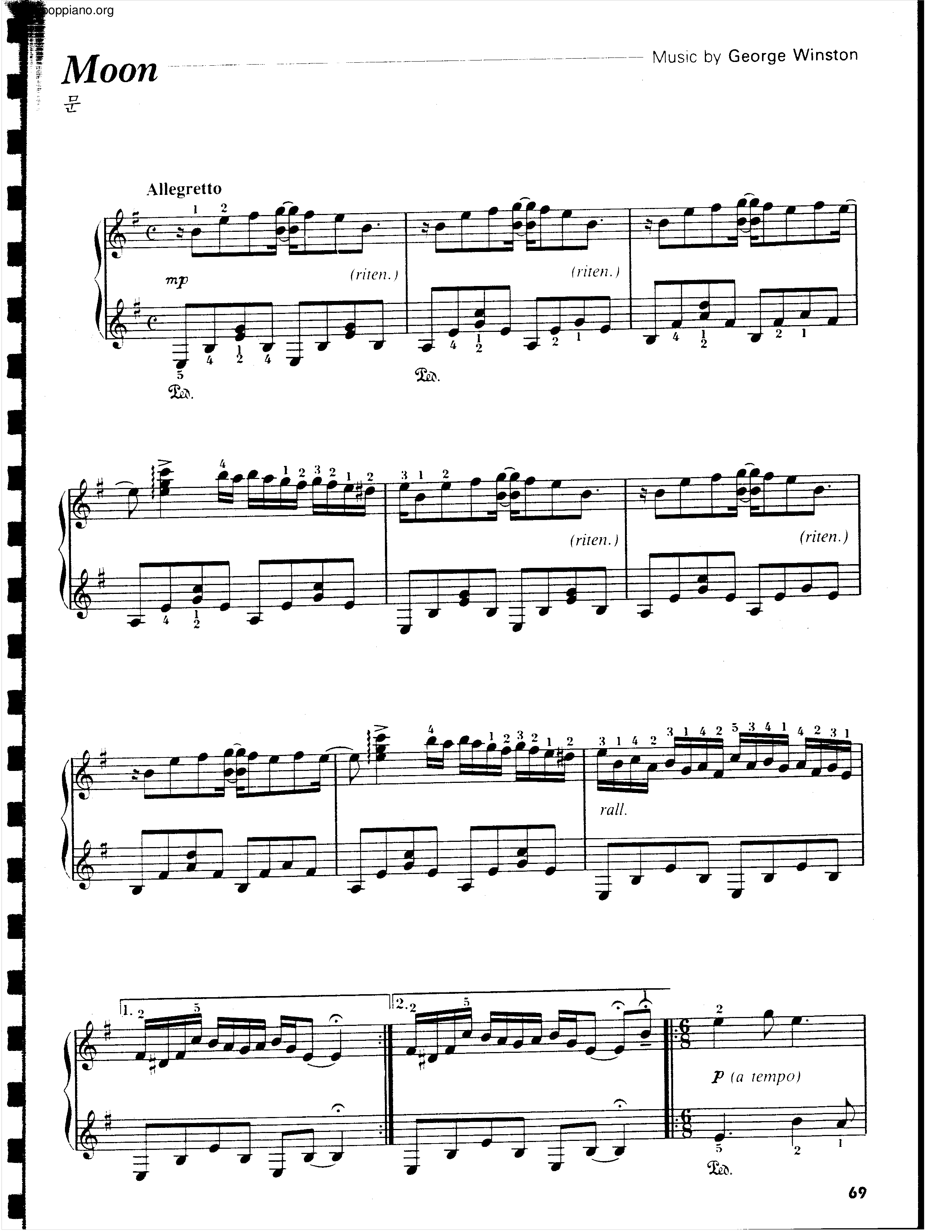 ☆George Winston - Moon ピアノ譜pdf- 香港ポップピアノ協会
