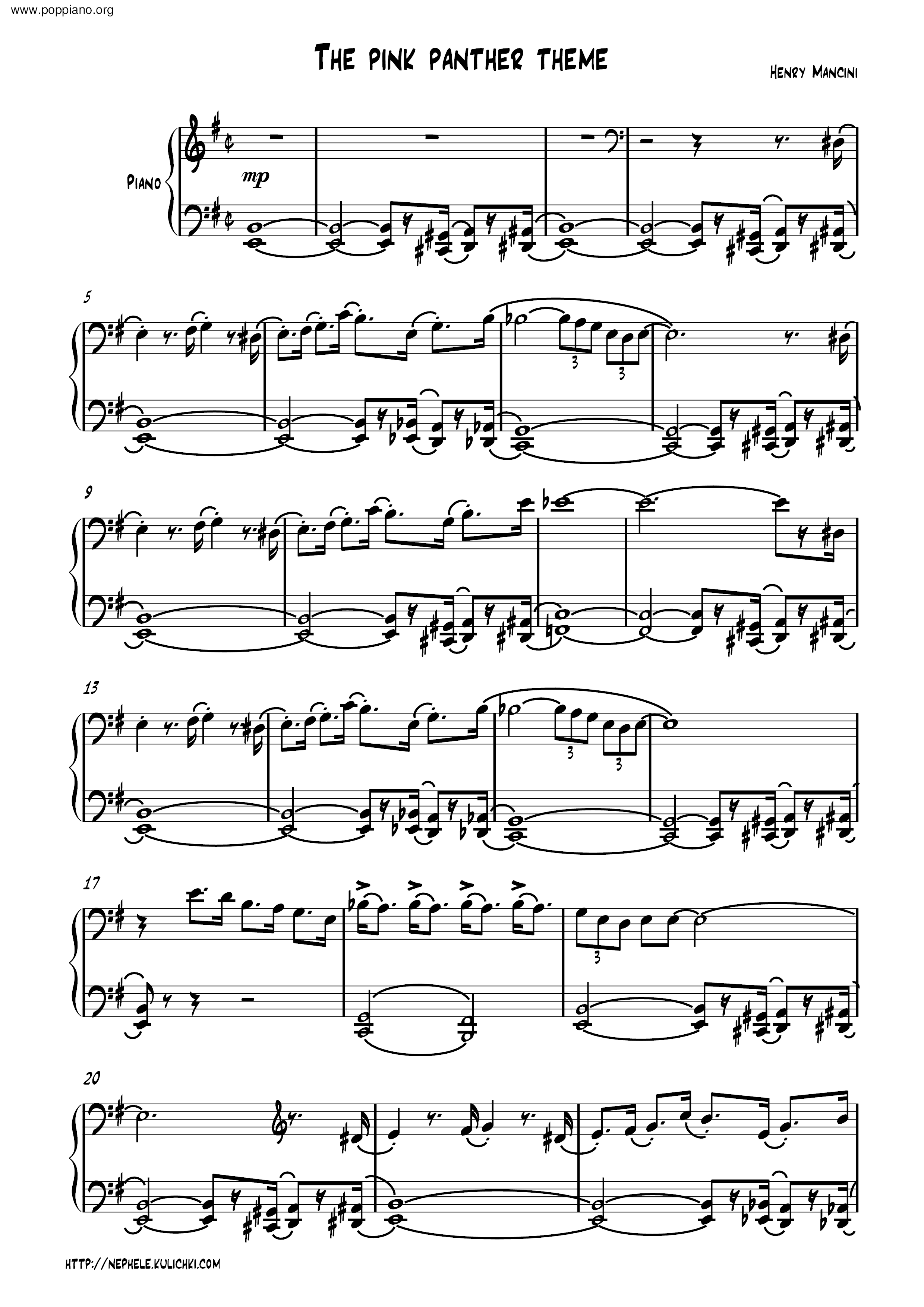 Show Lo The Pink Panther Theme Sheet Music pdf Free Score Download