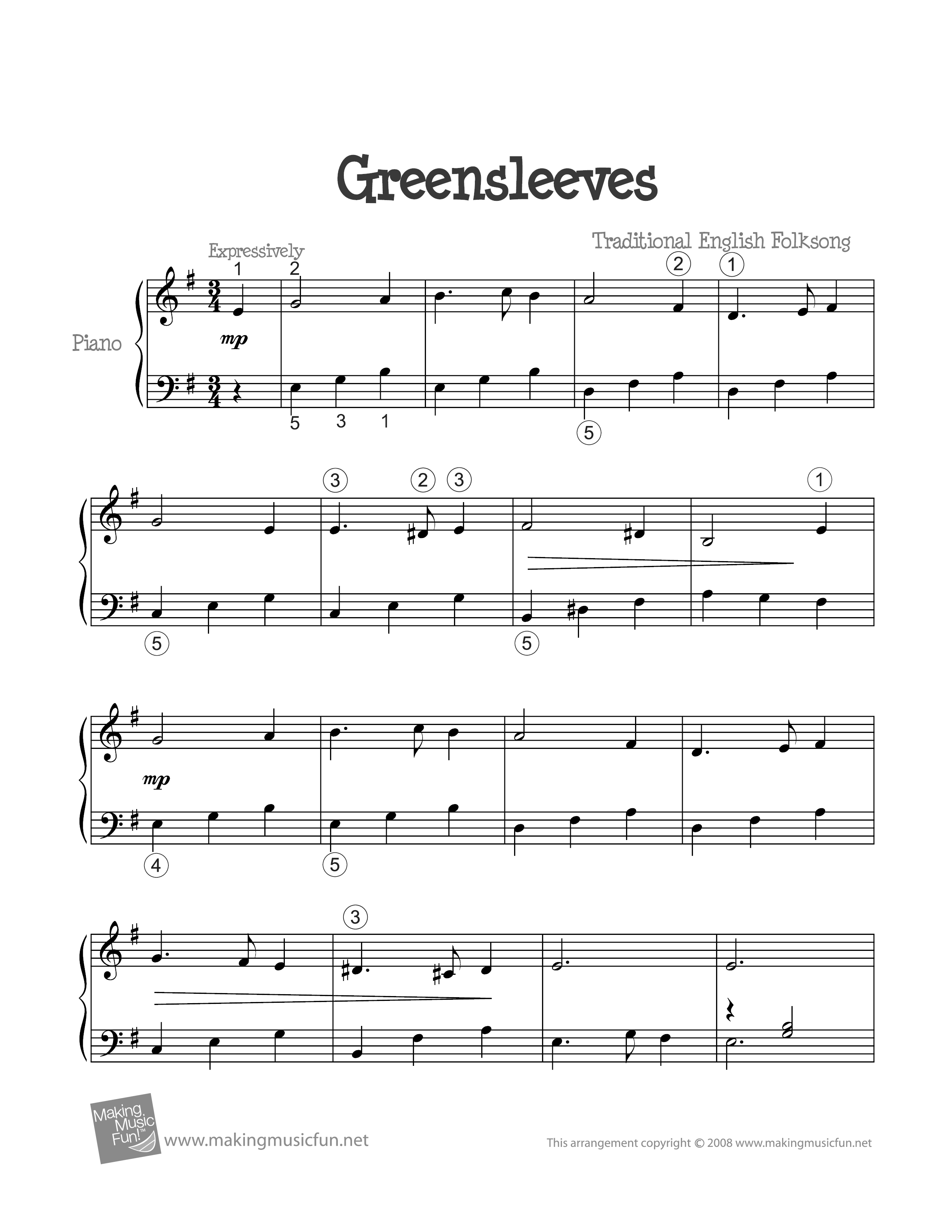 Greensleevesピアノ譜