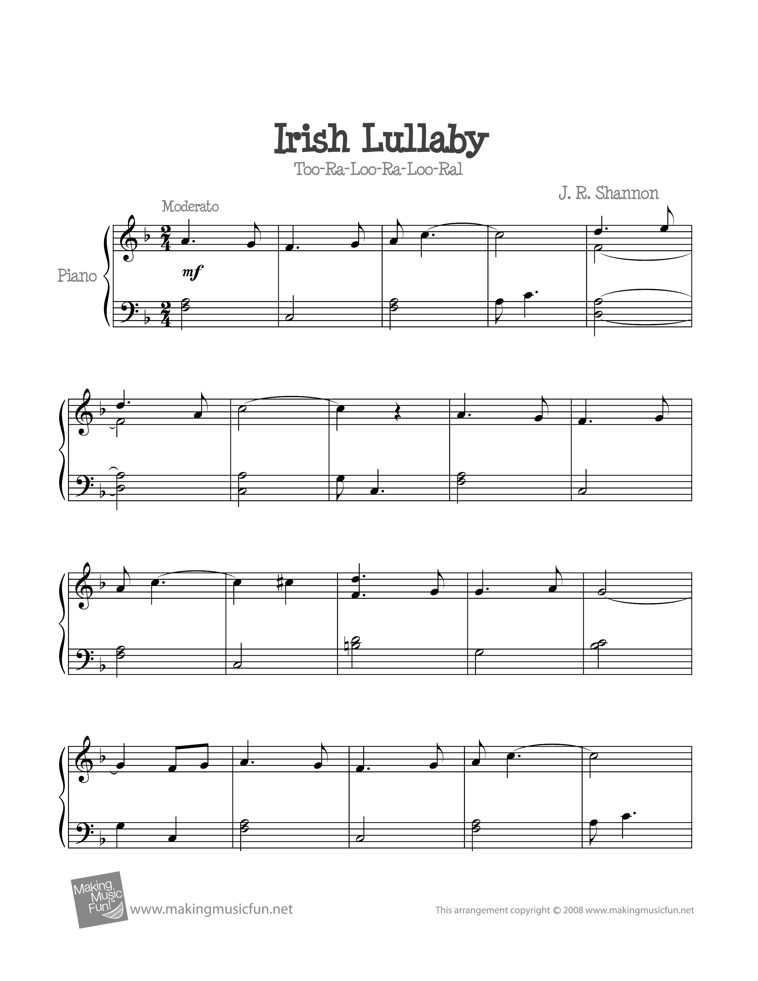 Irish Lullaby (Too Ra Loo Ra Loo Ral) Score