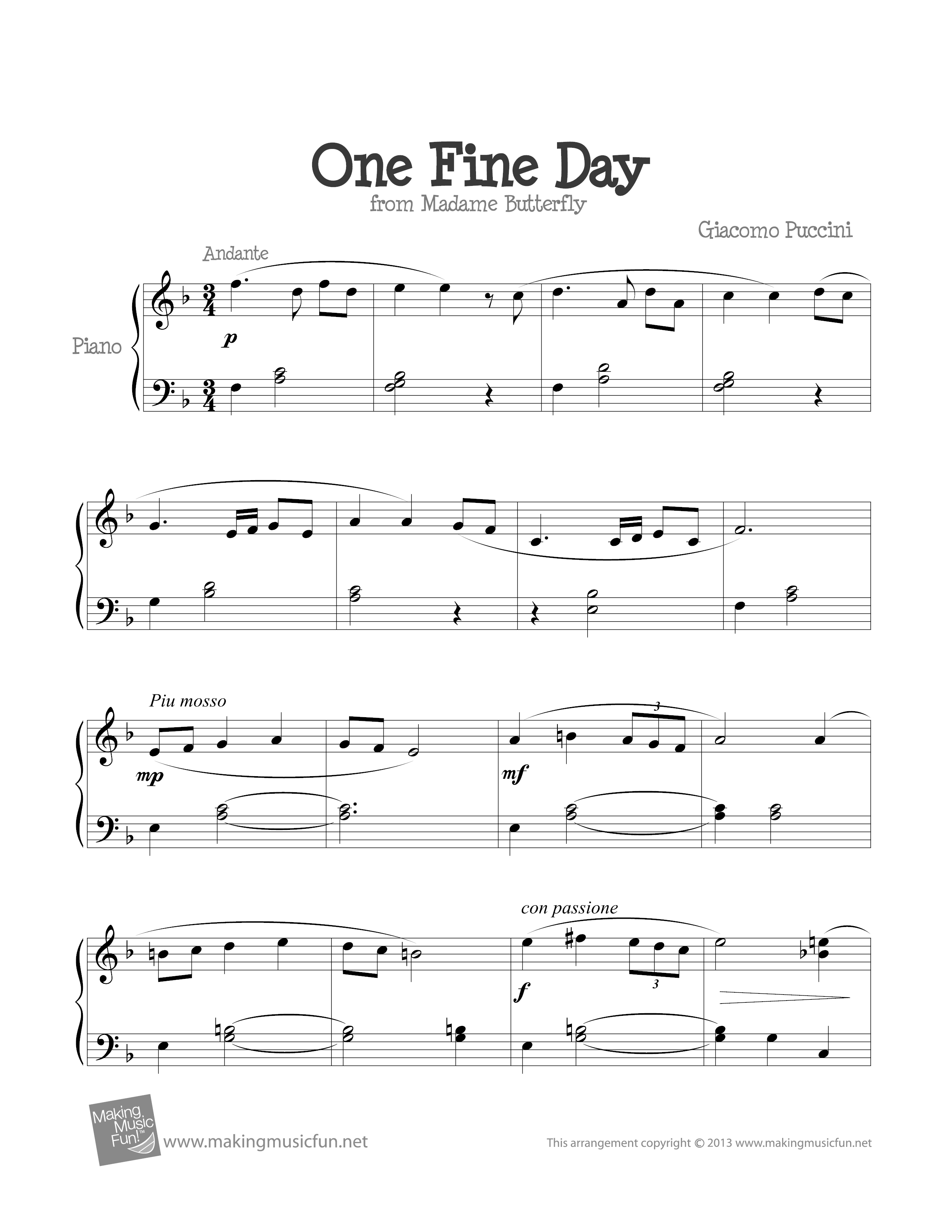 One Fine Day From Madame Butterfly Score