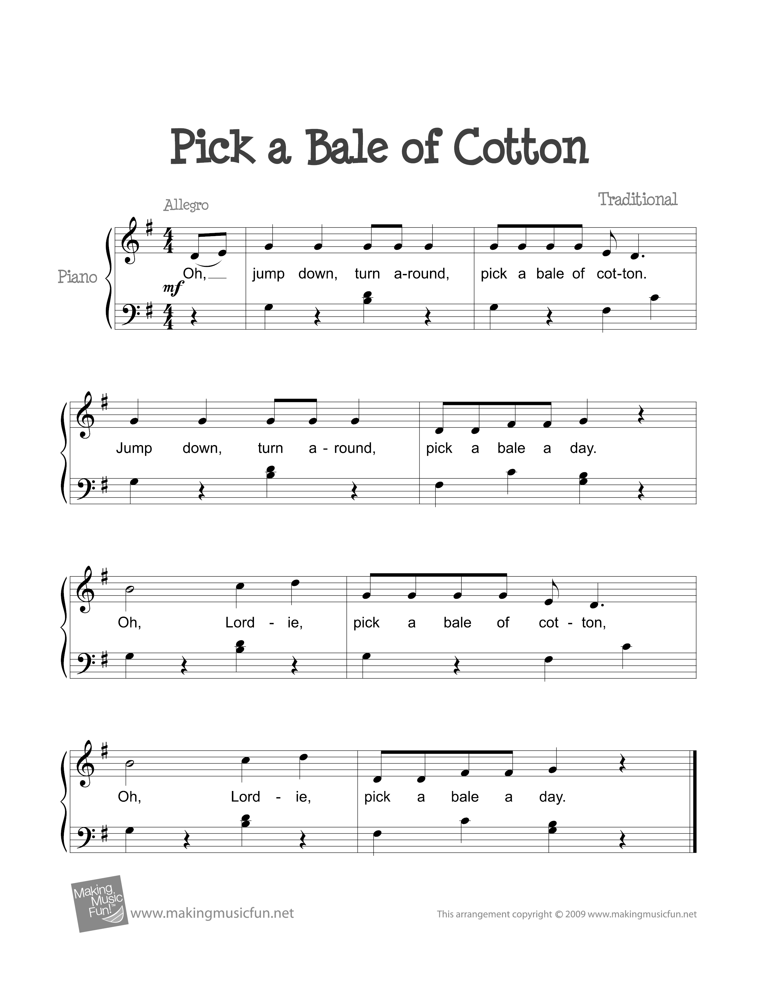 Pick a Bale of Cotton Score